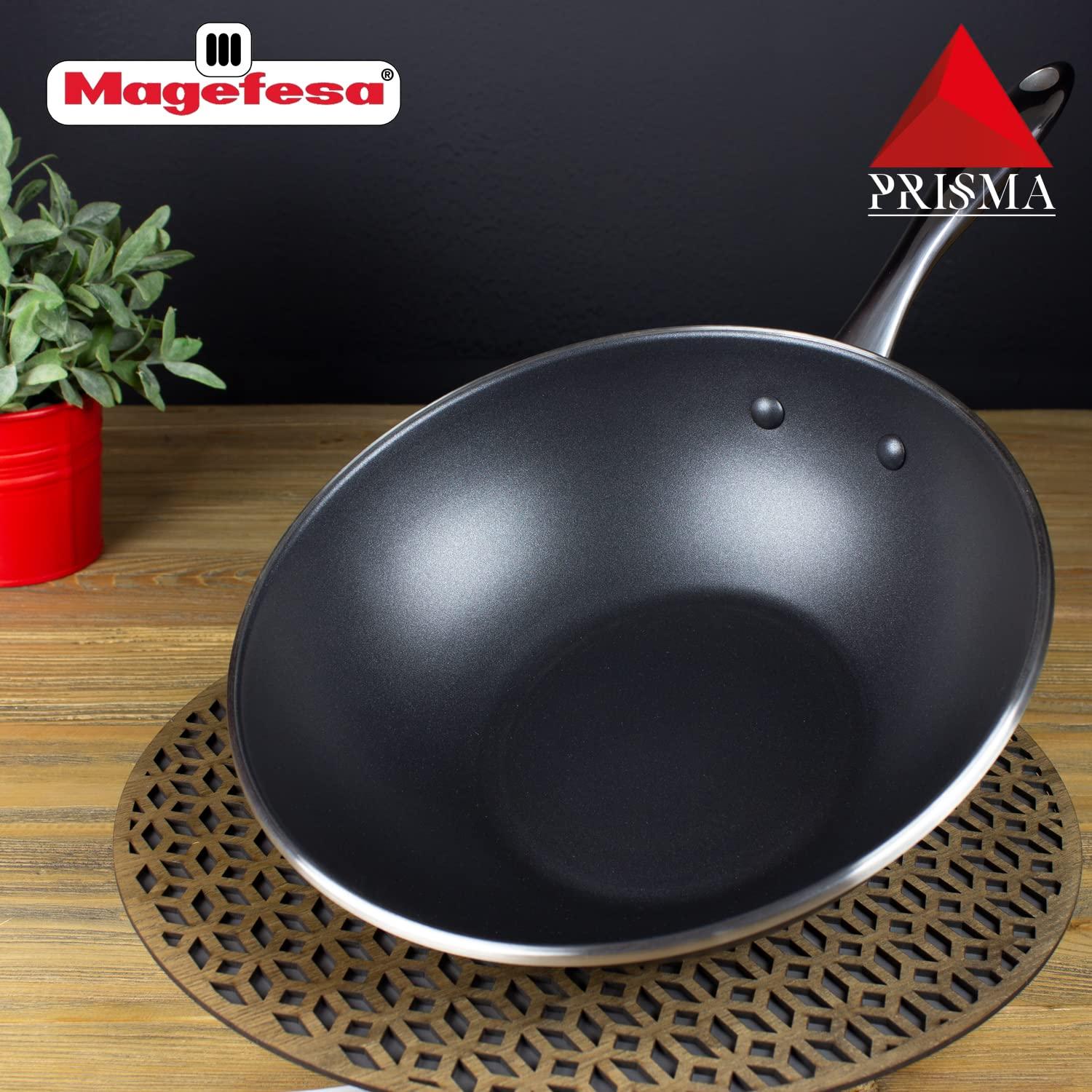 MAGEFESA Prisma 11" Stainless Steel Wok with Triple-Layer Nonstick Coating, Induction-Compatible, Oven & Dishwasher Safe, Stir-Fry Pan