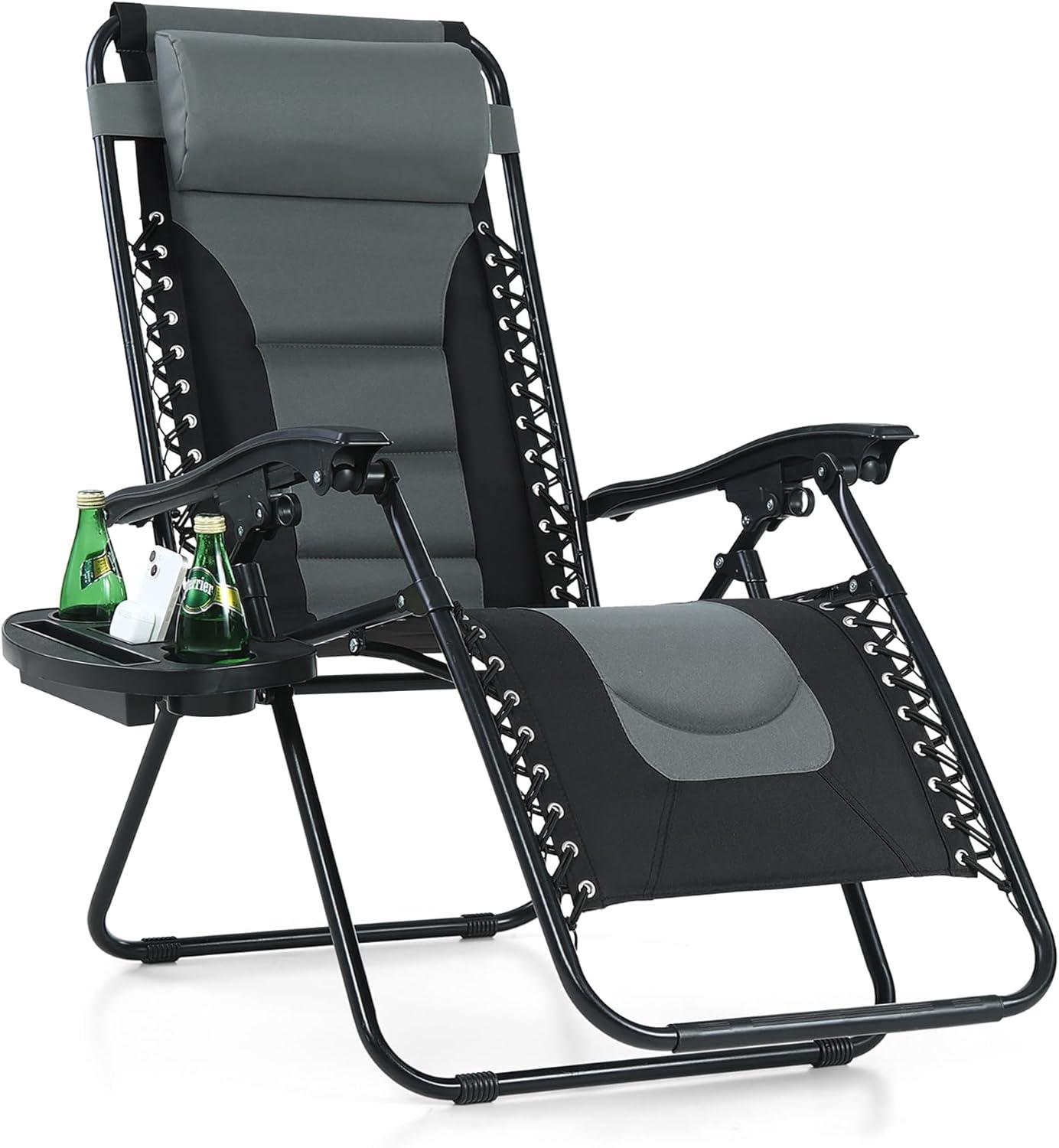 Ergonomic Black and Gray Zero Gravity Outdoor Recliner with Cushions