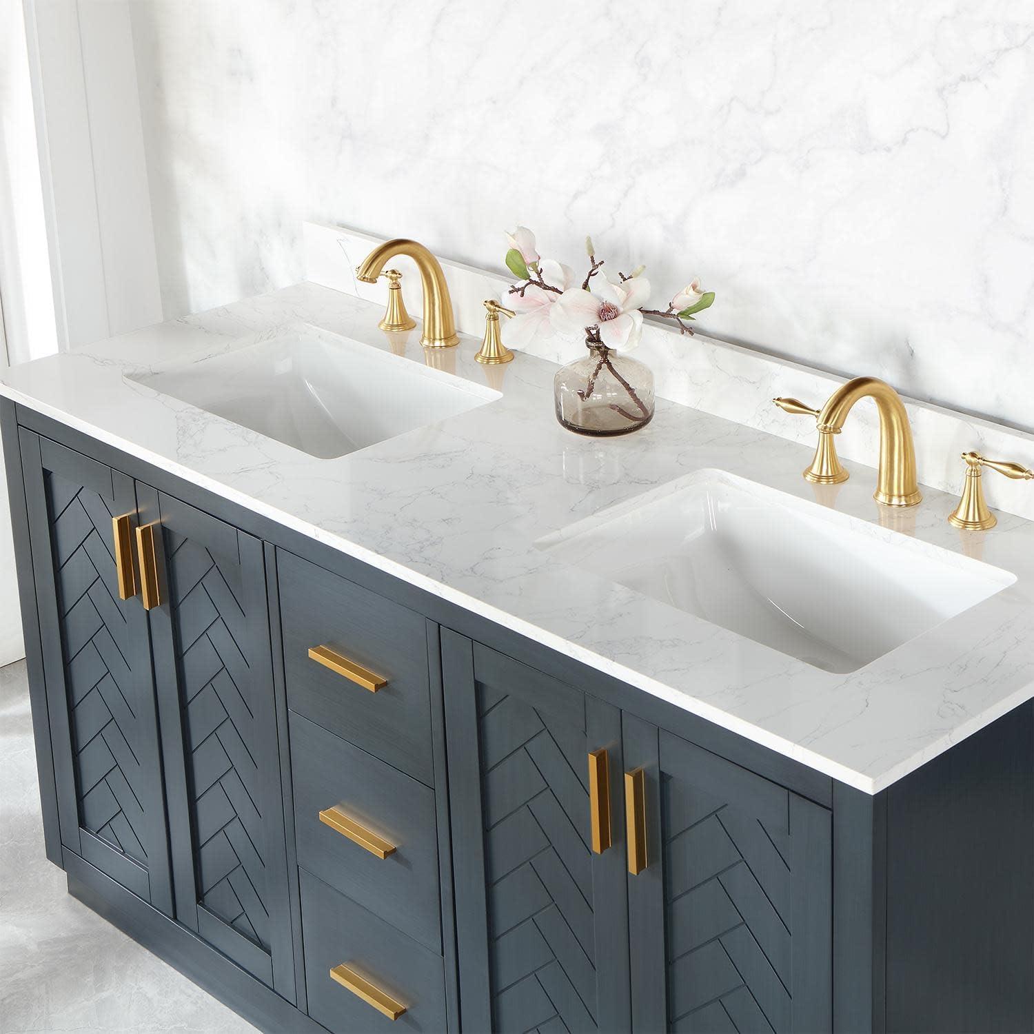 Gazsi 60" Double Bathroom Vanity Set in Charcoal Blue with Grain White Composite Stone Countertop without Mirror