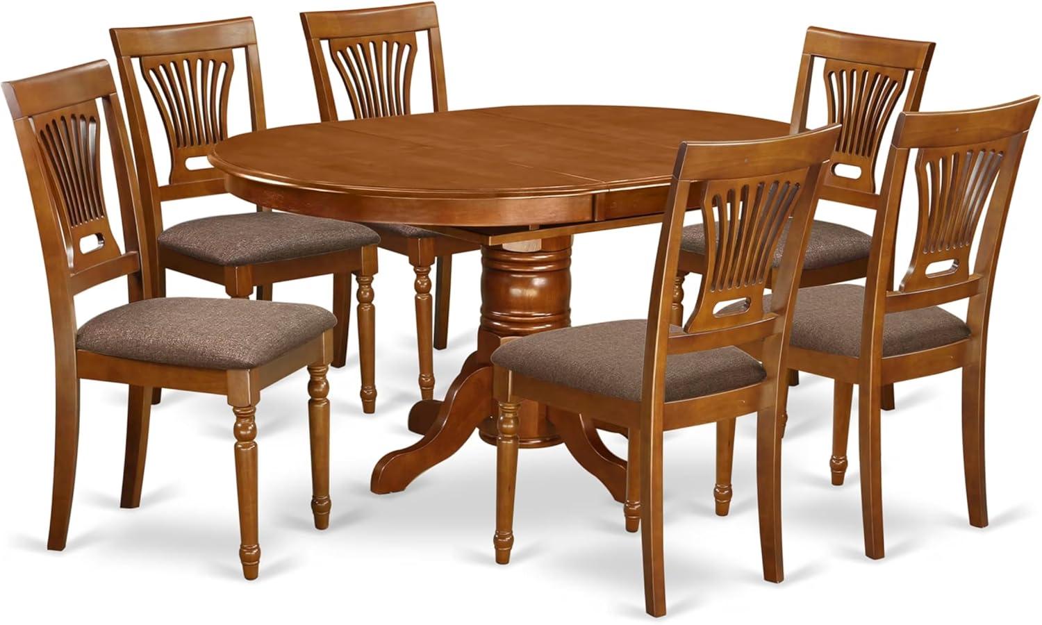 Saddle Brown Oval Dining Table with 6 Linen Upholstered Chairs