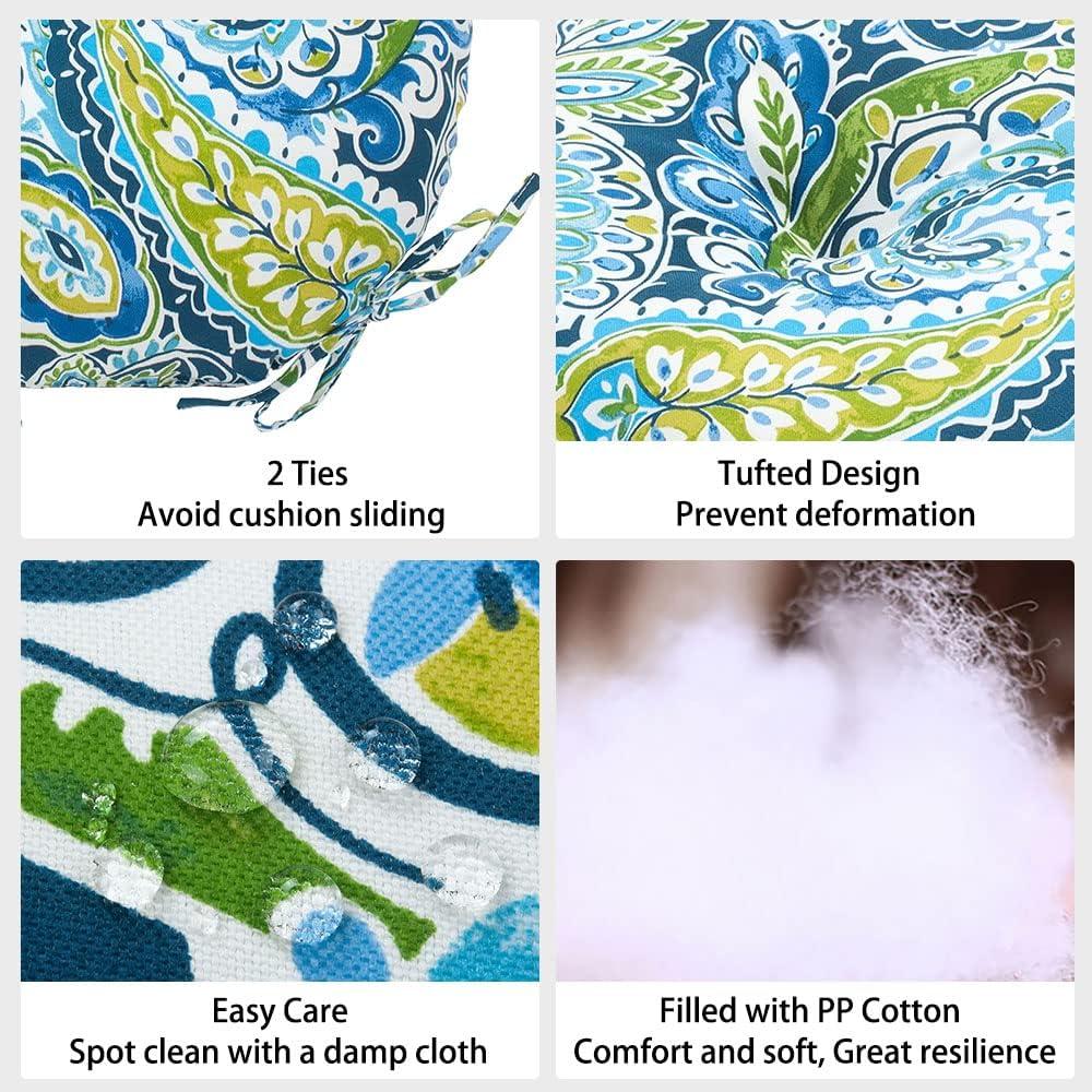 Magpie Fabrics Outdoor Round Bistro Seat Cushions with Ties, 15"x15"x4" Set of 2, Tufted Waterproof Barstool Chair Pads for Patio Home Garden Office, Paisley Lapis Green