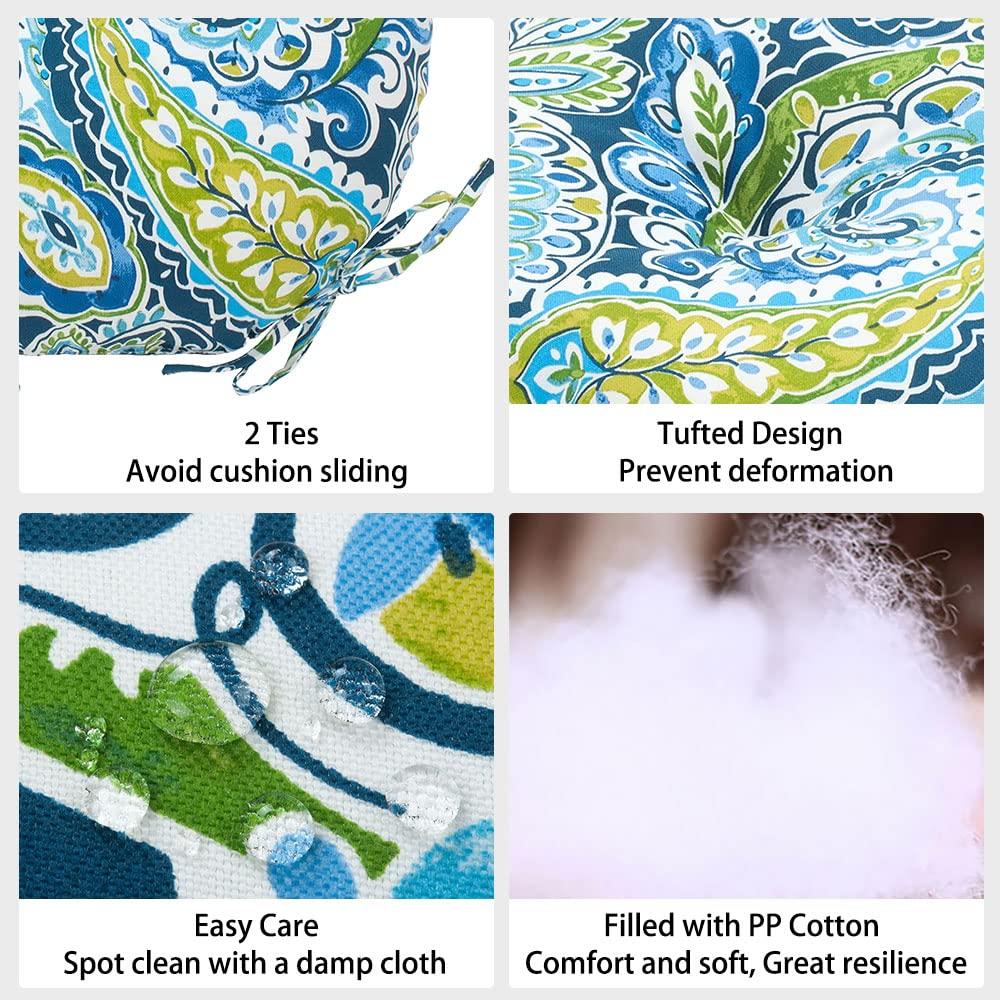 Magpie Fabrics Outdoor Round Bistro Seat Cushions with Ties, 15"x15"x4" Set of 2, Tufted Waterproof Barstool Chair Pads for Patio Home Garden Office, Paisley Lapis Green