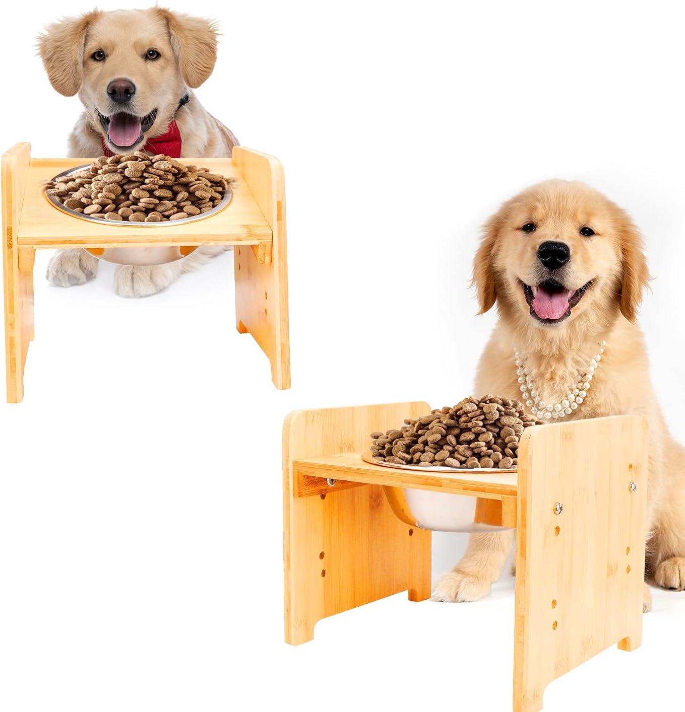 YY FOREYY Juego de 2 Tazones Elevados para Perros y Gatos, Tazones de Agua y Comida para Perros con Inclinación de Bambú, Comedero con 3 Tazones de Acero Inoxidable y Patas Antideslizantes para una Alimentación Cómoda
