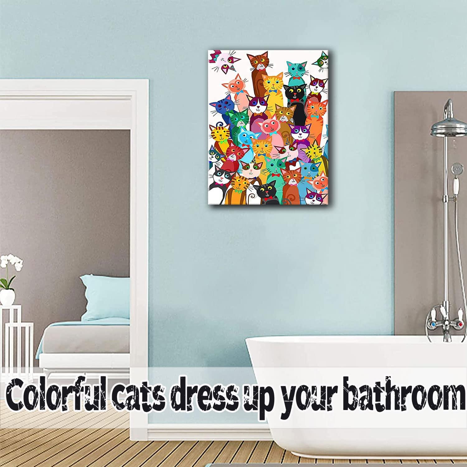 Framed Funny Colorful Cat Wall Art Cartoon Cat Canvas Print Cute Kitten Picture Poster Animals Painting Wall Decor for Bathroom Kid's Bedroom Nursery 12x16Inches