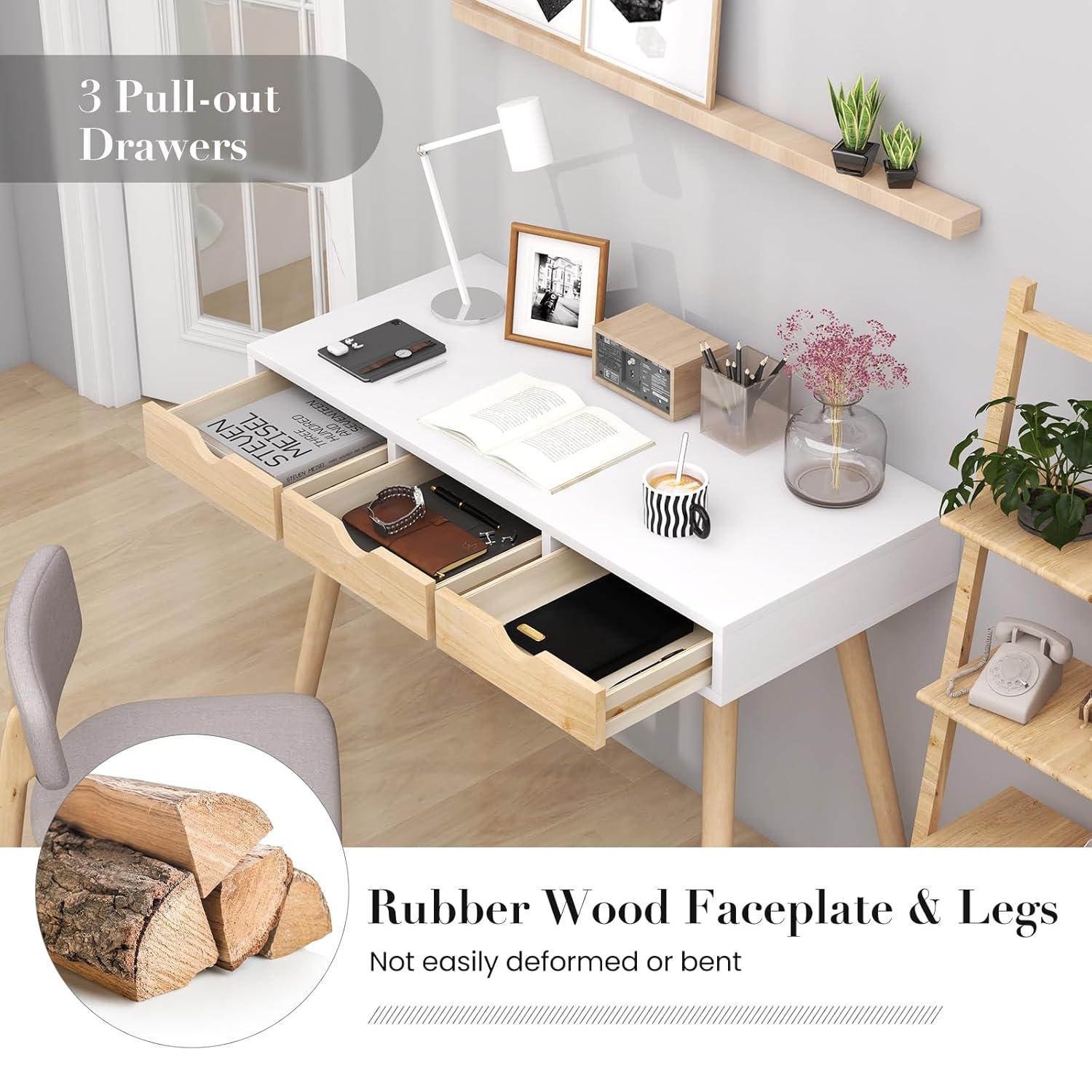 Canddidliike Computer Desk with 3 Drawers and Solid Rubber Wood Legs for Home Office, Gaming Desk, Gaming Computer Desks for Study,Working,Writing