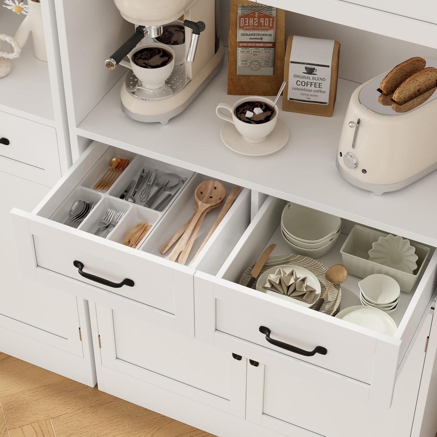 Hokku Designs 71“ Tall Kitchen Pantry Storage Cabinet, Modern Kitchen Hutch Bar Cabinet With Microwave Stand, White