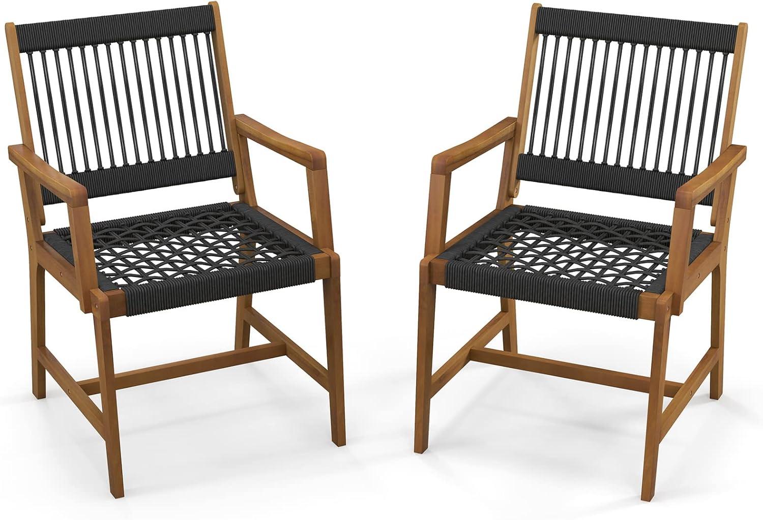 Set of 2 Black Rope Woven Acacia Wood Dining Chairs