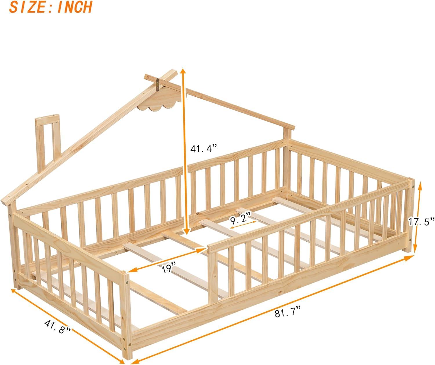 Natural Twin Wood House Frame Floor Bed with Guardrails