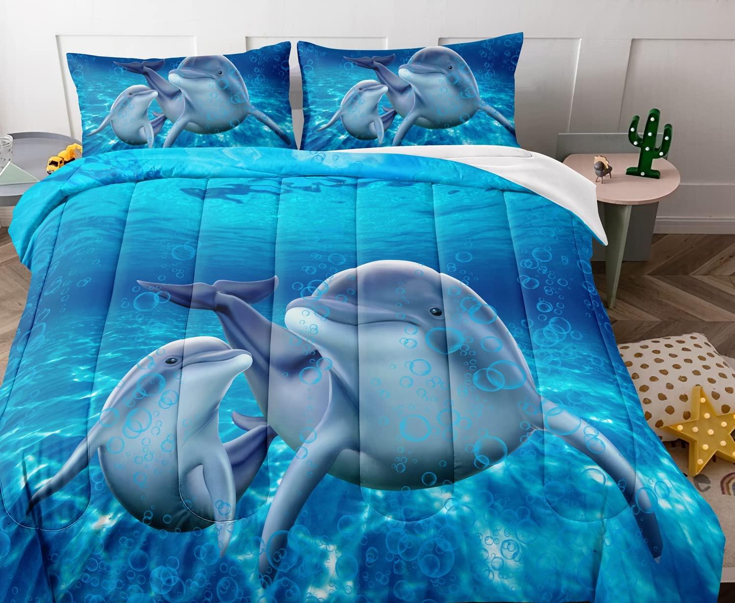 Erosebridal Dolphin Bedding Set Cute Dolphin Jumping Teal Blue Ocean Animal Comforter Set Dolphin Sea Animal Bedding Comforter Sets Queen Size - 1 Comforter with 2 Pillowcases