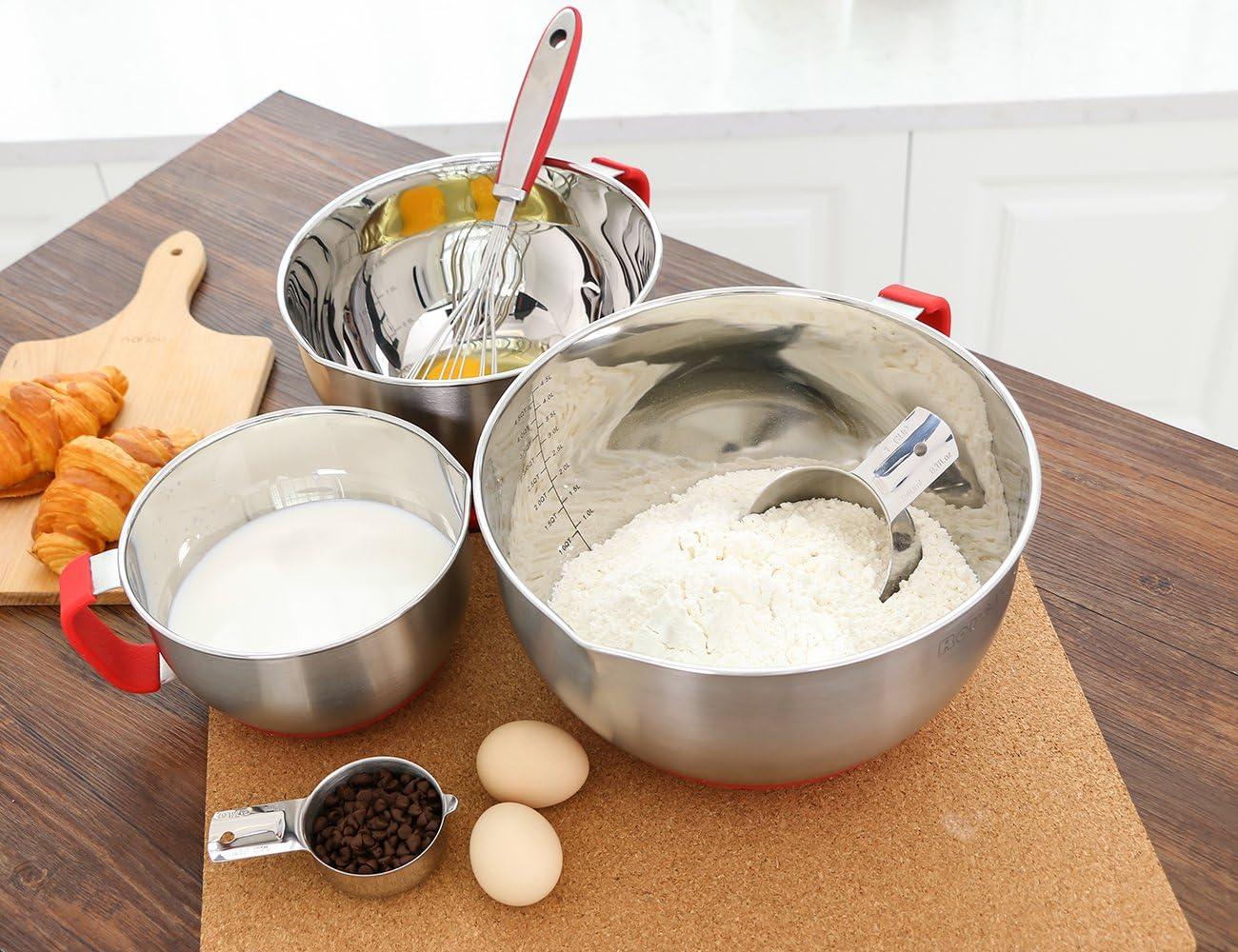 Stainless Steel Mixing Bowl Set with Red Silicone Lids