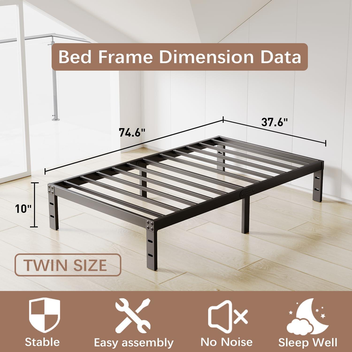 10 Inch Twin Bed Frames No Box Spring Needed, Heavy Duty Metal Twin Platform Bed Frame, Non-Slip Noise Free Easy Assembly, Black Bed Frame