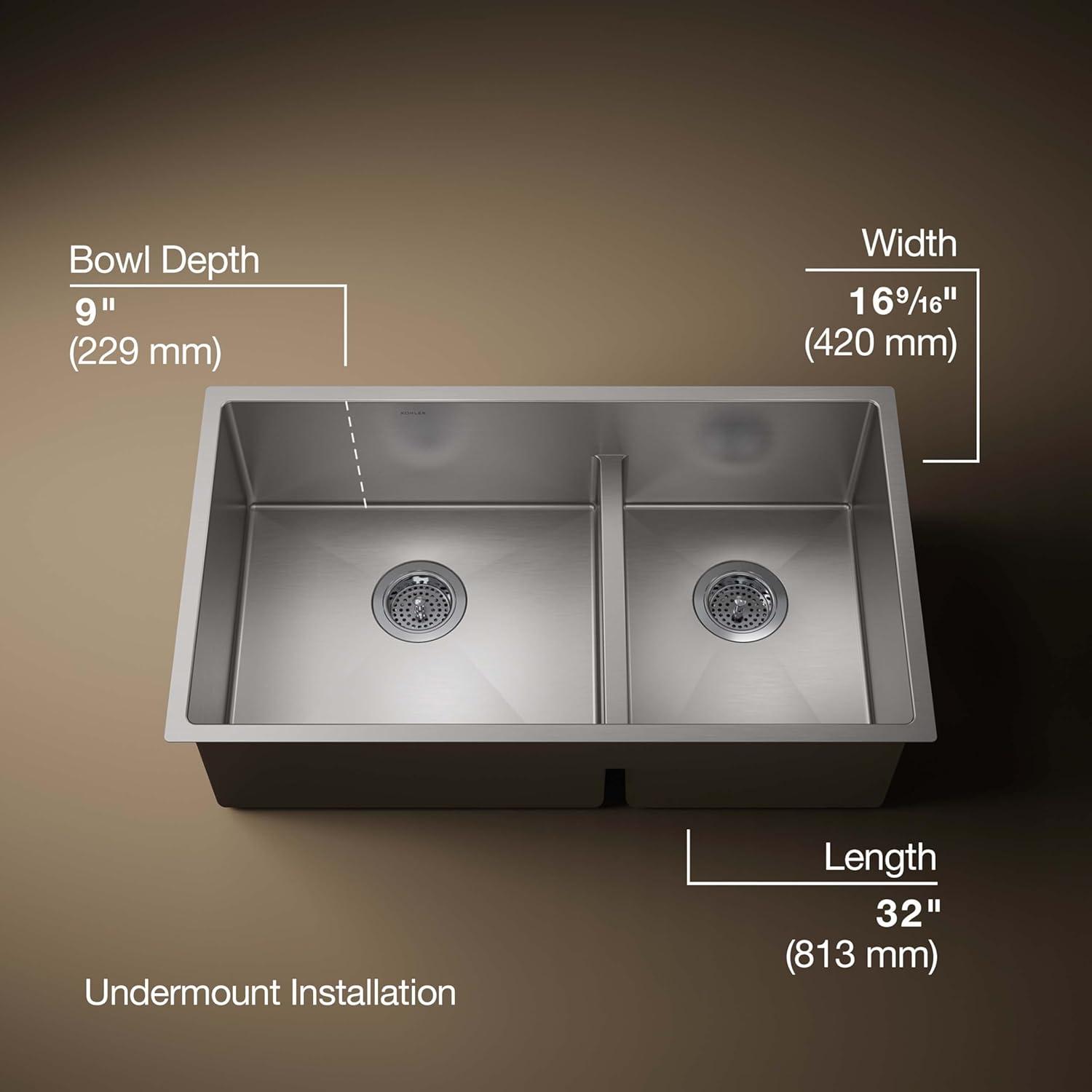 Strive 32" L x 18-5/16" W x 9-5/16" Smart Divide Under-Mount Large/Medium Double-Bowl Kitchen Sink with Basin Rack