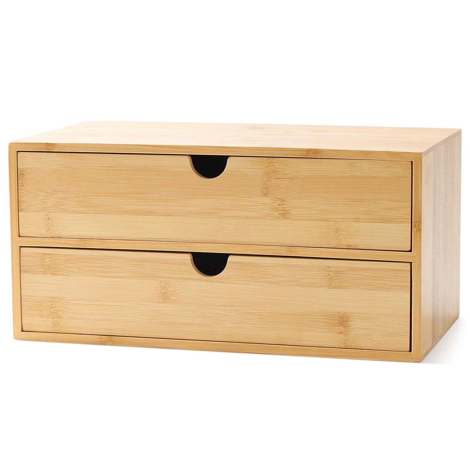 Bamboo Desk Drawer Organizer, 2 Drawer Desktop Organizer with Drawers Tabletop Storage Organization Box for Office Home Toiletries Supplies Vanity, No Assembly Required