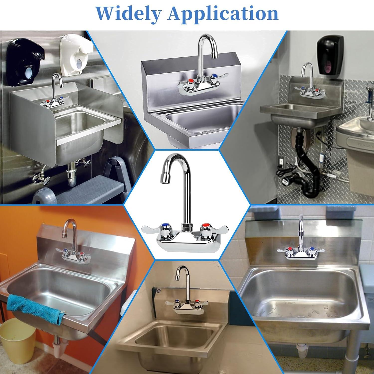 KWODE 4 Inch Center Commercial Hand Sink Faucet with 3-1/2”Gooseneck Spout, Dual Lever Handle Wall Mount Kitchen Sink Faucet, Brass Constructed, Chrome