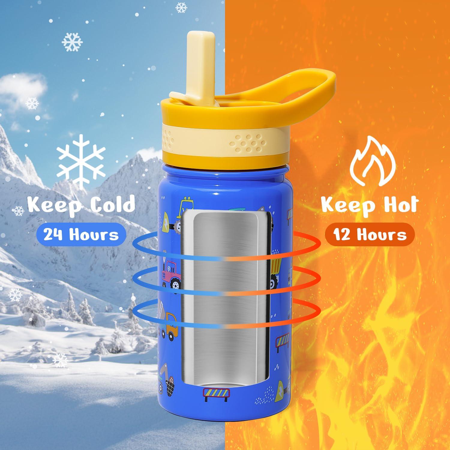 Buzio Insulated Water Bottle with Straw for Kids, 2 Lids Double Vacuum Metal Water Bottle, 14 Ounce, Blue Shark