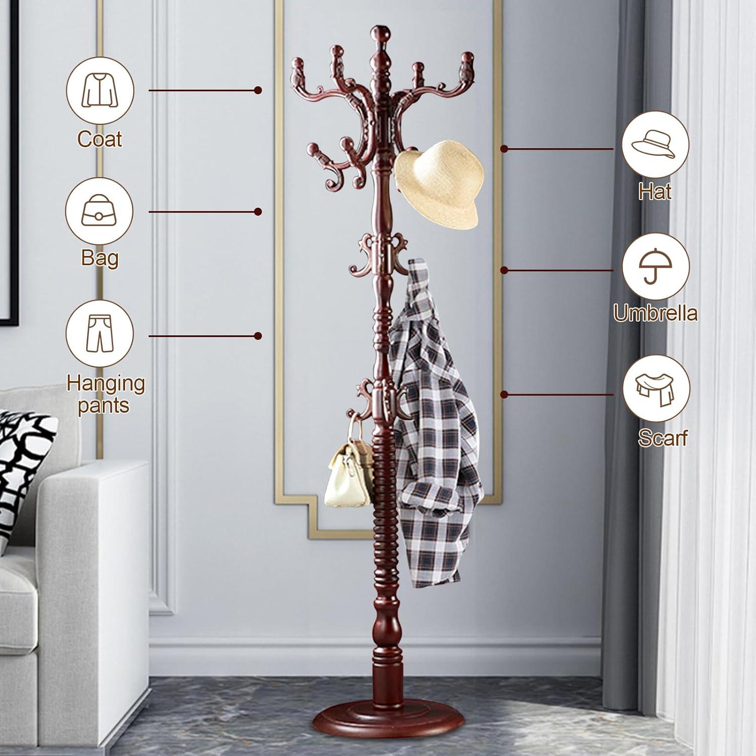Red Barrel Studio® Wood Coat Rack Stand, Wooden Coat Rack Freestanding With Sturdy Round Base, Coat Racks With 14 Hooks, Natural Birch Wood Entryway Coat Tree Hanger Stand Easy To Assemble