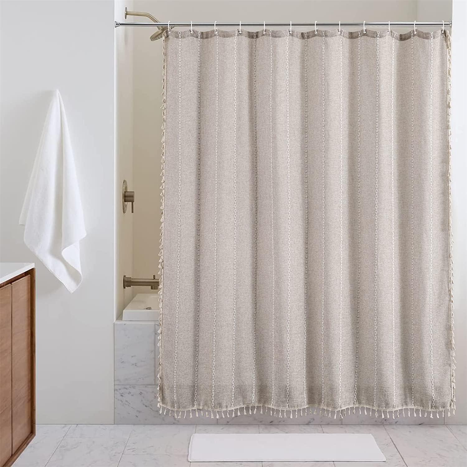 Beige Linen Boho Farmhouse Shower Curtain with Tassels