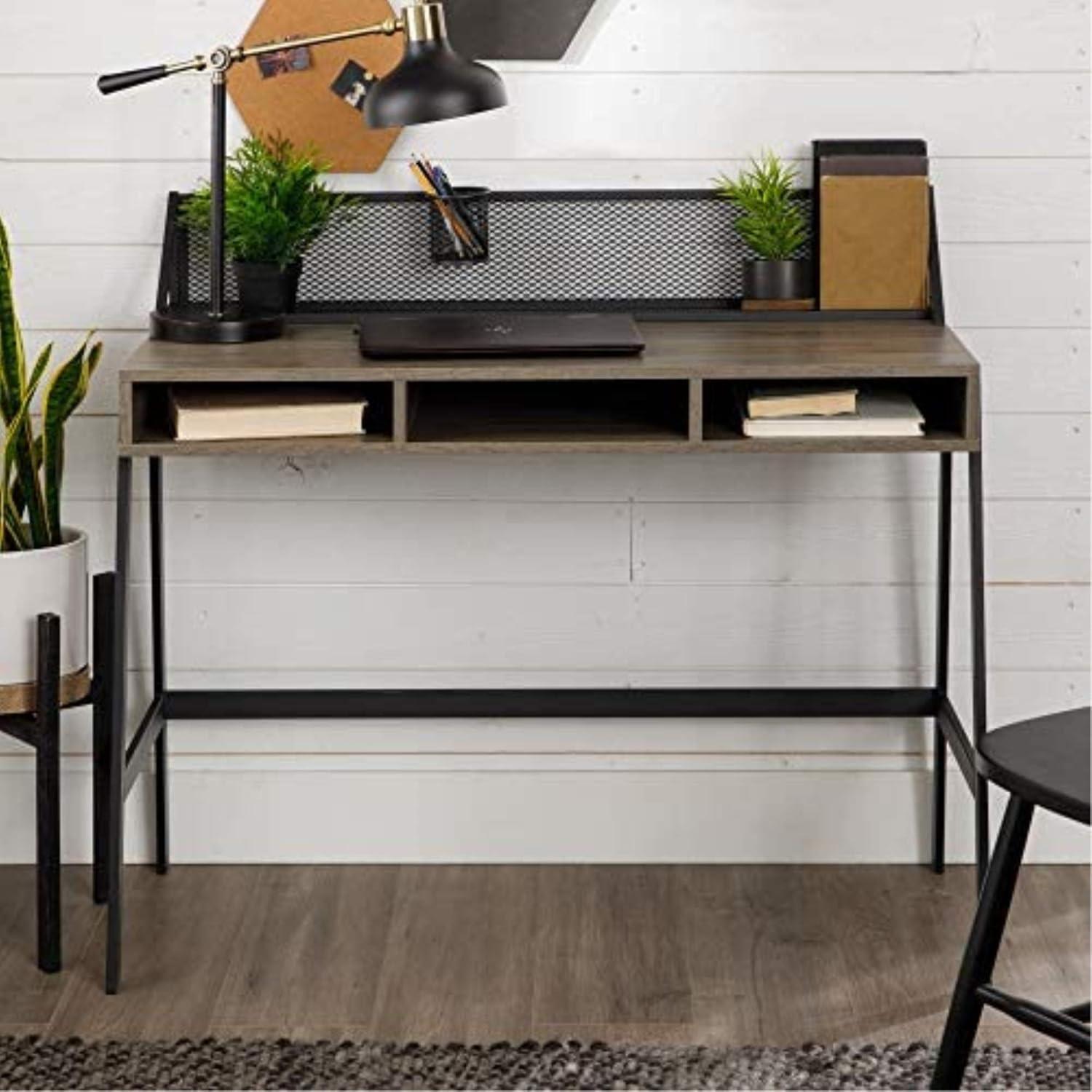 xrboomlife Industrial Mesh Wood Laptop Computer Writing Desk Home Office Workstation Small  42 Inch  Slate Grey