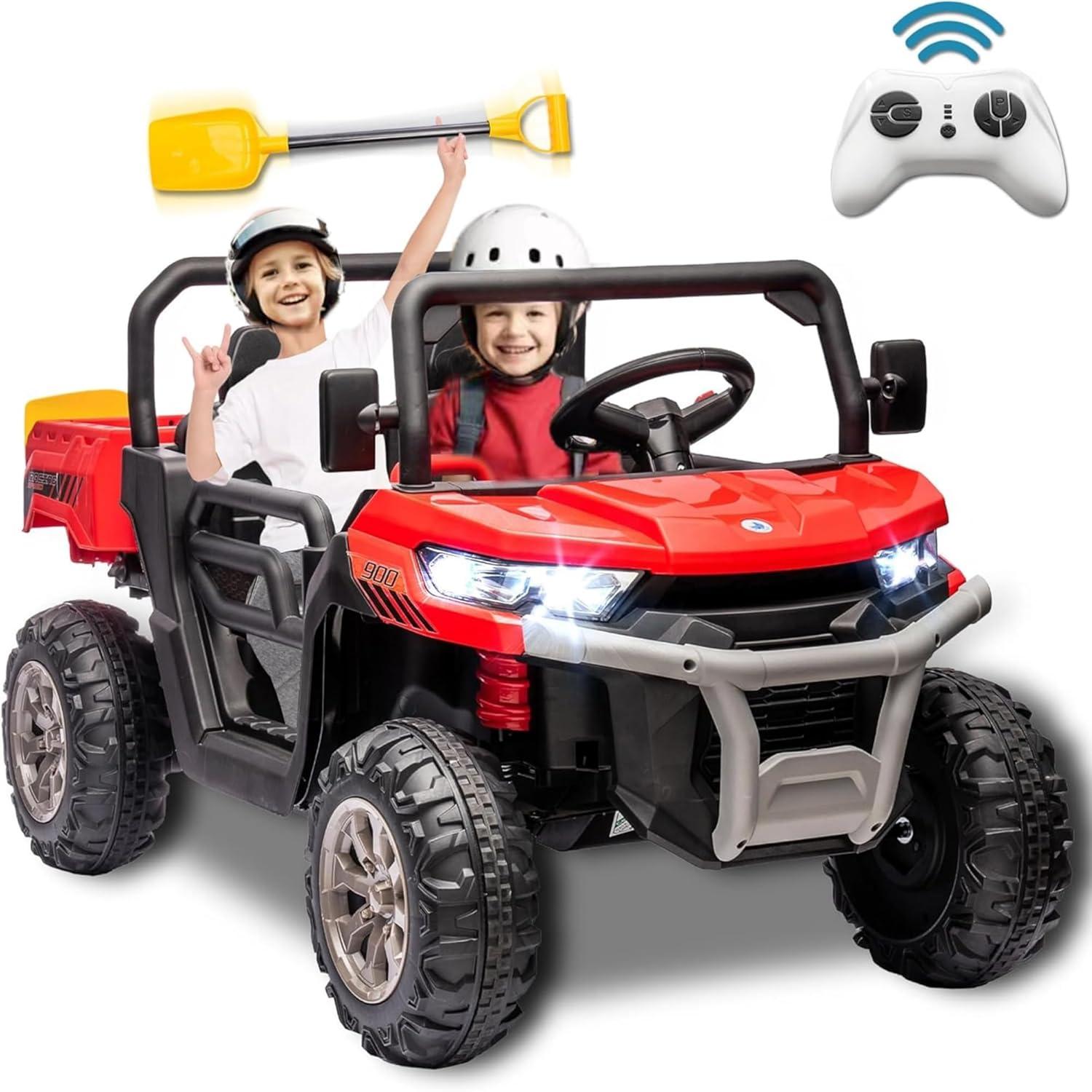 24V Kids Ride on Dump Truck with Remote Control, 2 Seater Powered 4-Wheel UTV Toys, 2x200W Ride on Tractor Car w/ Electric Dump Bed, Shovel, Bluetooth Music, Red