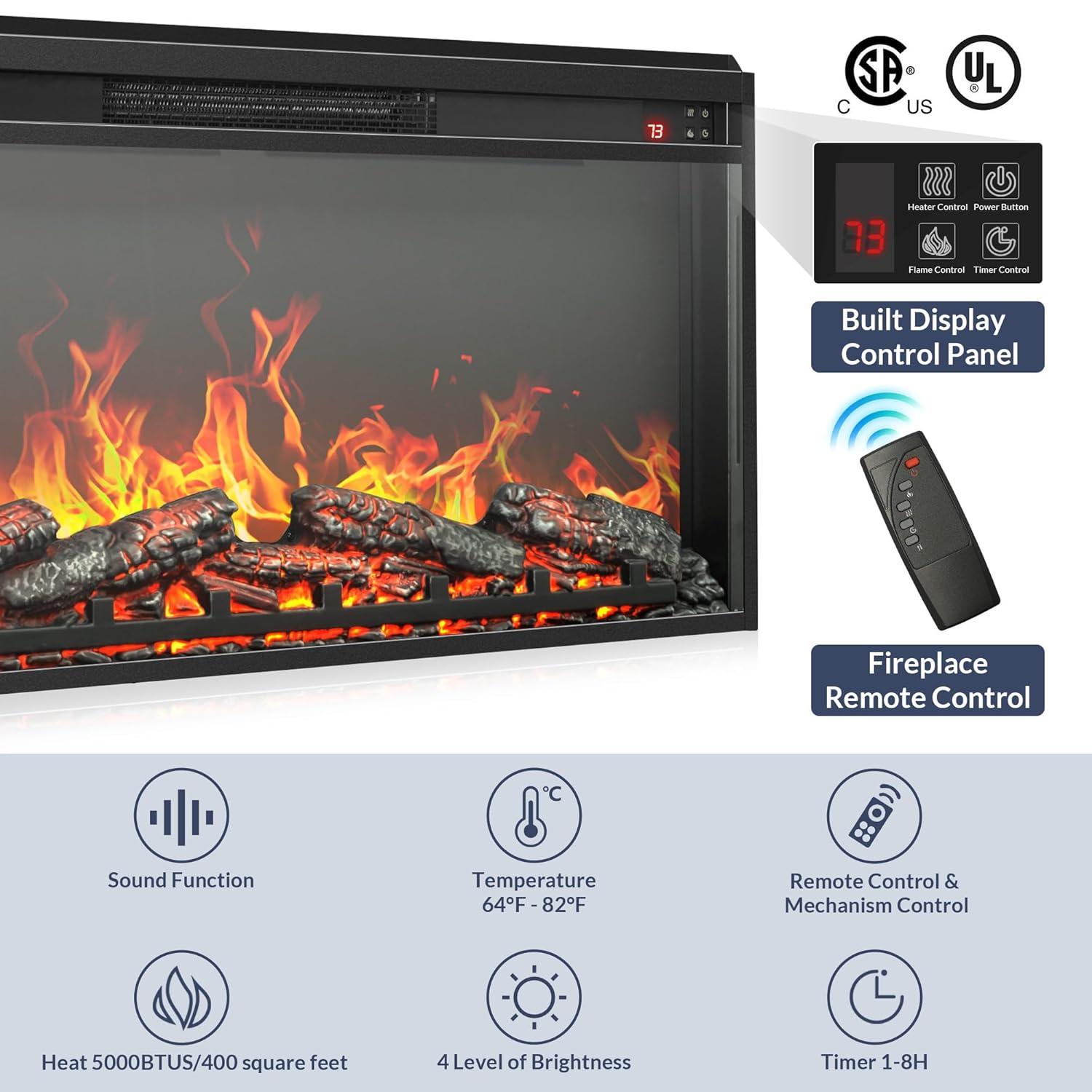 BELLEZE 68" TV Stand for TV Up to 75", Entertainment Center with 36" Electric Fireplace Heater, Rattan Decorated Console Table Storage Cabinet for Living Room, Bedroom - Bower(Brown)