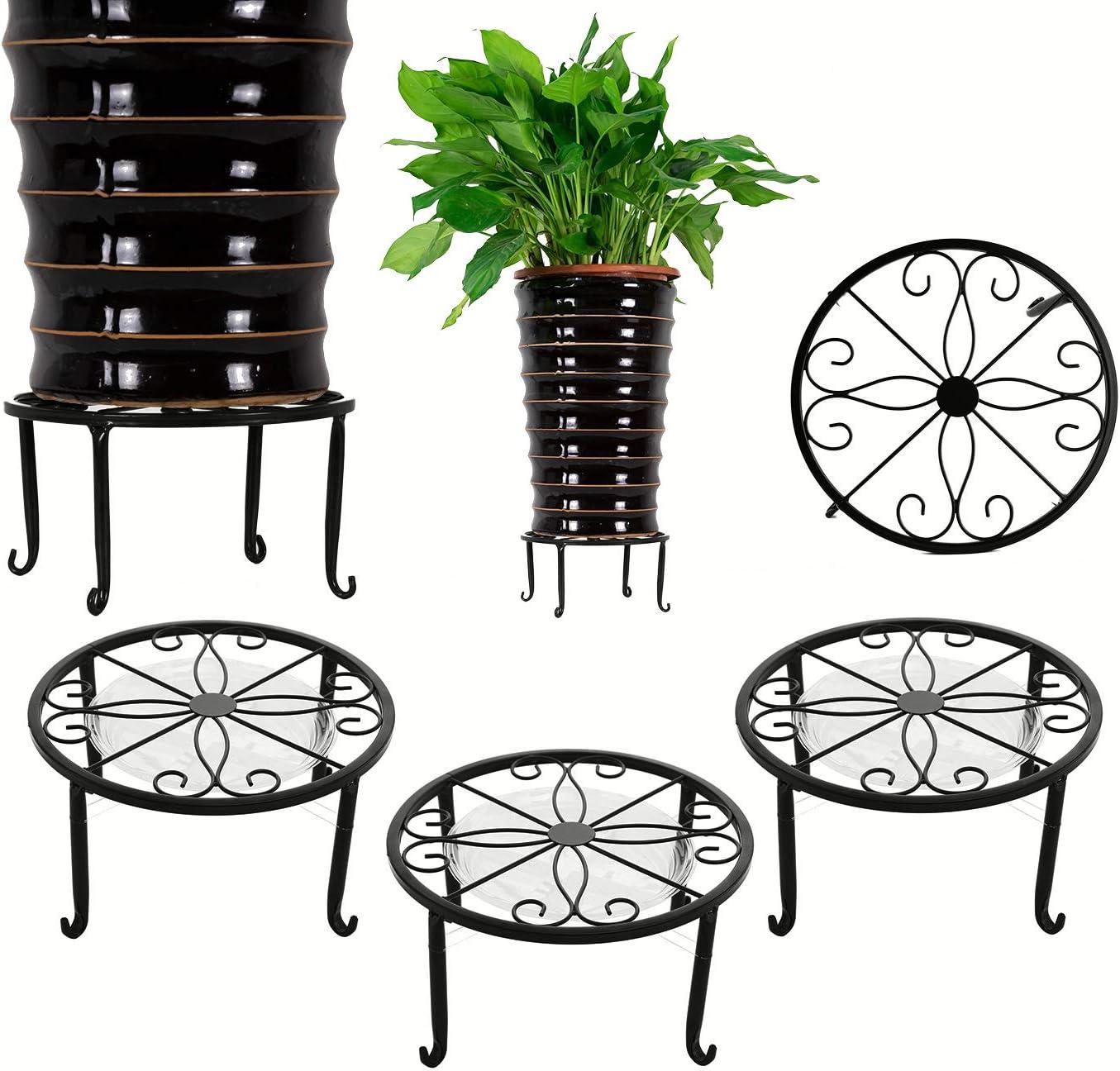 3 Pack 9 inches Metal Plant Stands with Saucer for Indoor and Outdoor Plants Heavy Duty Potted Heavy Duty Flower Pot Stand Holder Rustproof Iron Round Plant Shelf for Garden, Brown