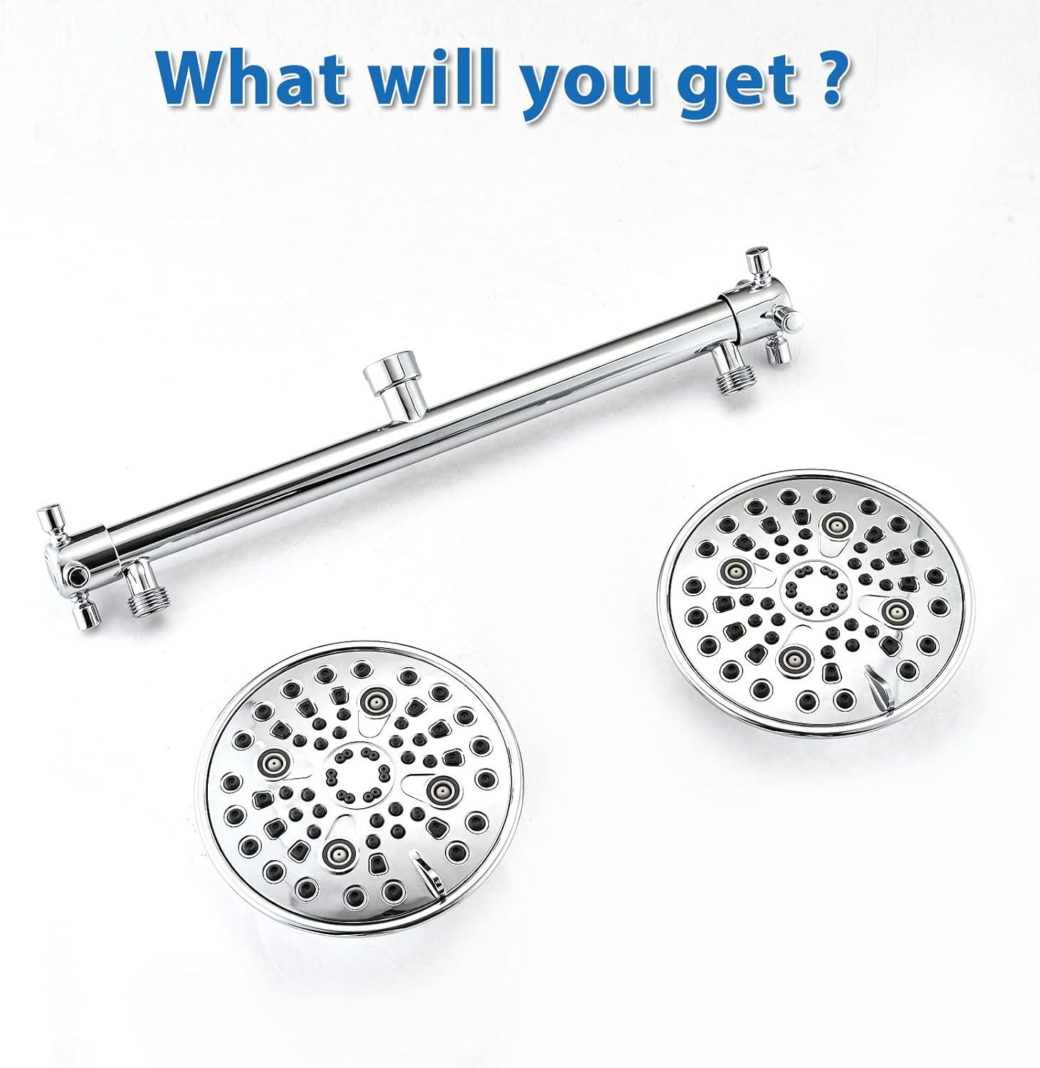 Proox Double Shower Head with Built-in Valve, High Pressure 6 Setting Dual Shower Head Design for Couple on Walk-in Bathroom or Single on Bathtub Bathroom - Chrome