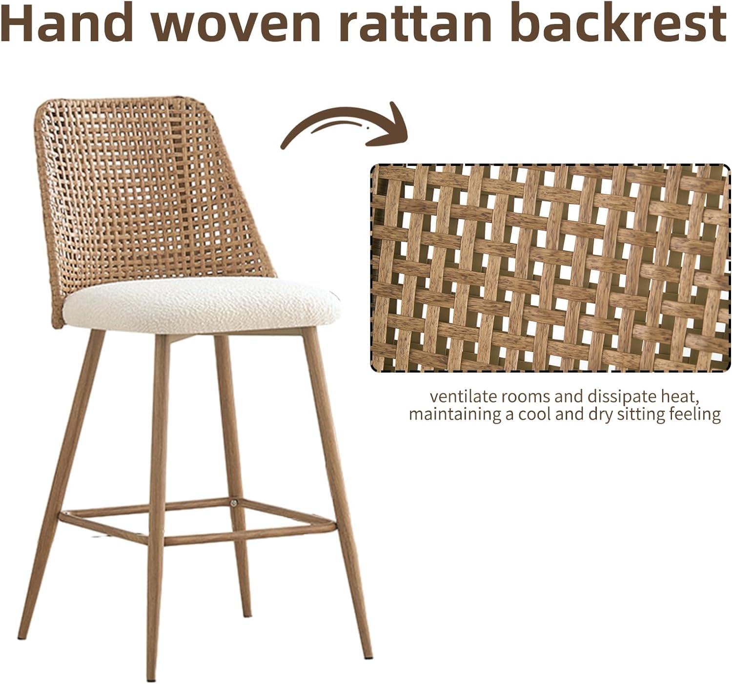 Nice Boucle Counter Stool Set Of 2,Beige Upholstered Rattan Counter Stool,27 Inch Stools With Back for Kitchen Island-Maison Boucle