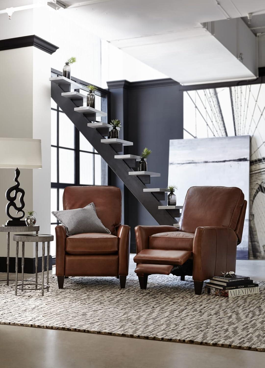 Handcrafted Brown Leather Recliner with Dark Wood Finish