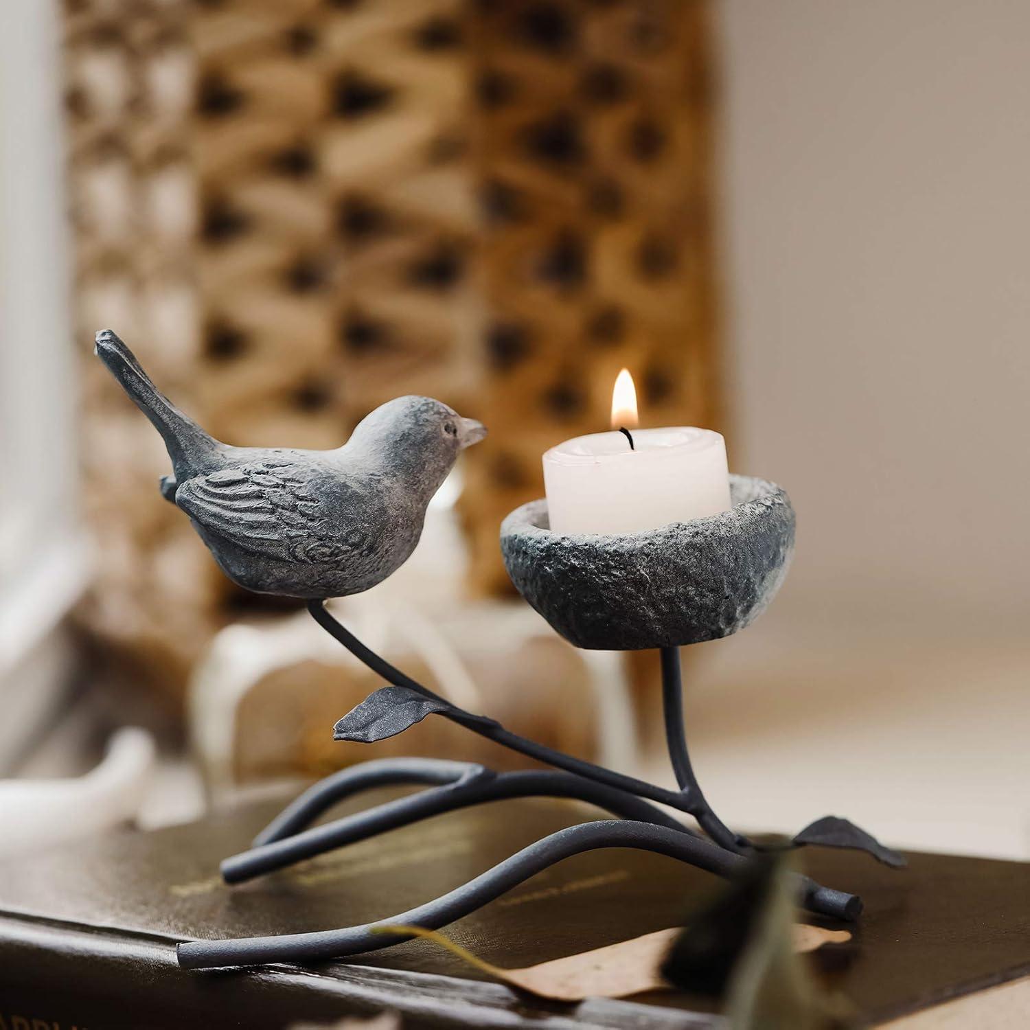 Marbrasse Votive Candle Holders, Vintage Home Decor Centerpiece, Iron Branches, Resin Bird and Nest, Tabletop Decorative TeaLight Candle Stands,Creative Artwork (Grey Black)