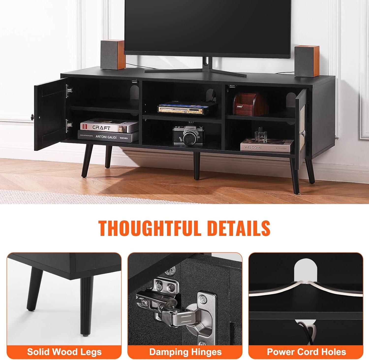 Rattan TV Stand, Boho TV Cabinet for 55 inch TV, Mid Century Modern TV Stand, Rattan TV Console with Adjustable Shelfs for Living Room, Media Room, Black