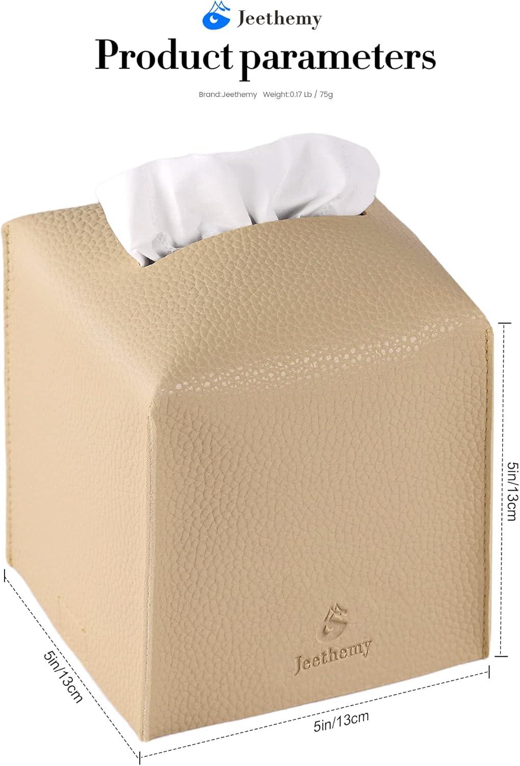 Tissue Box Cover, Square PU Leather Tissue Box Holder, Modern Tissue Case Facial Paper Organizer Dispenser，5X5X5'',Double Beige