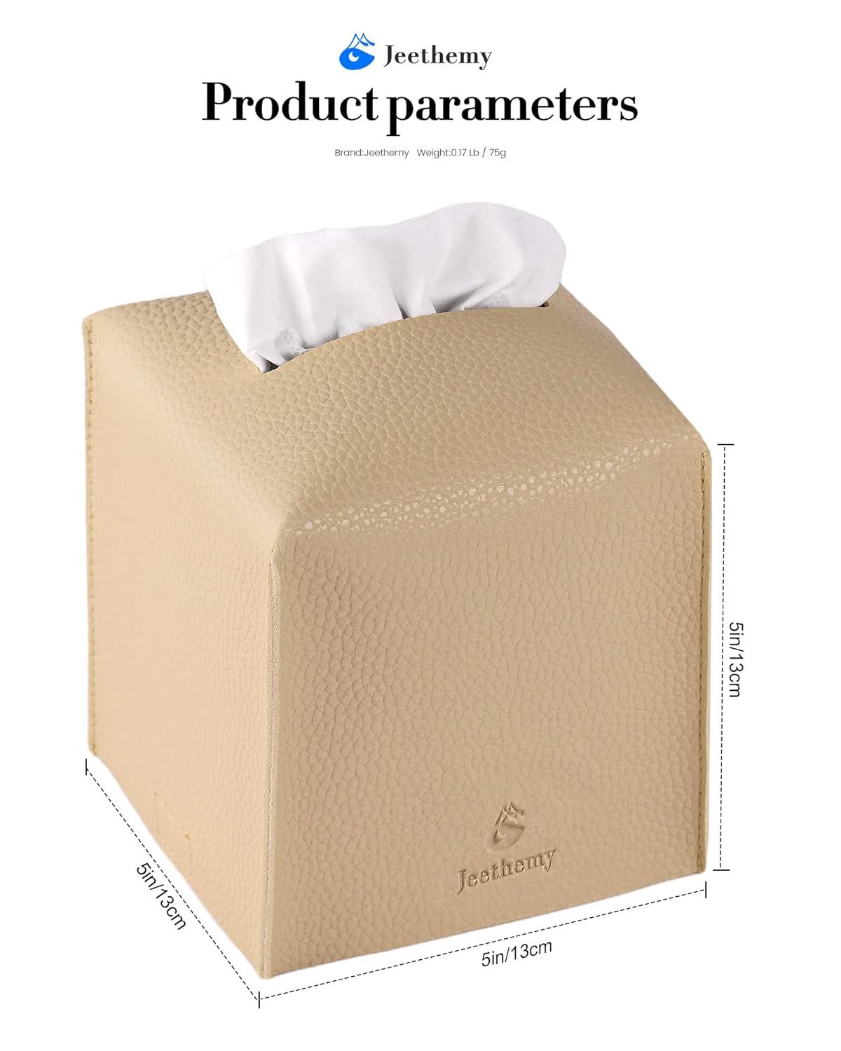 Tissue Box Cover, Square PU Leather Tissue Box Holder, Modern Tissue Case Facial Paper Organizer Dispenser，5X5X5'',Double Beige
