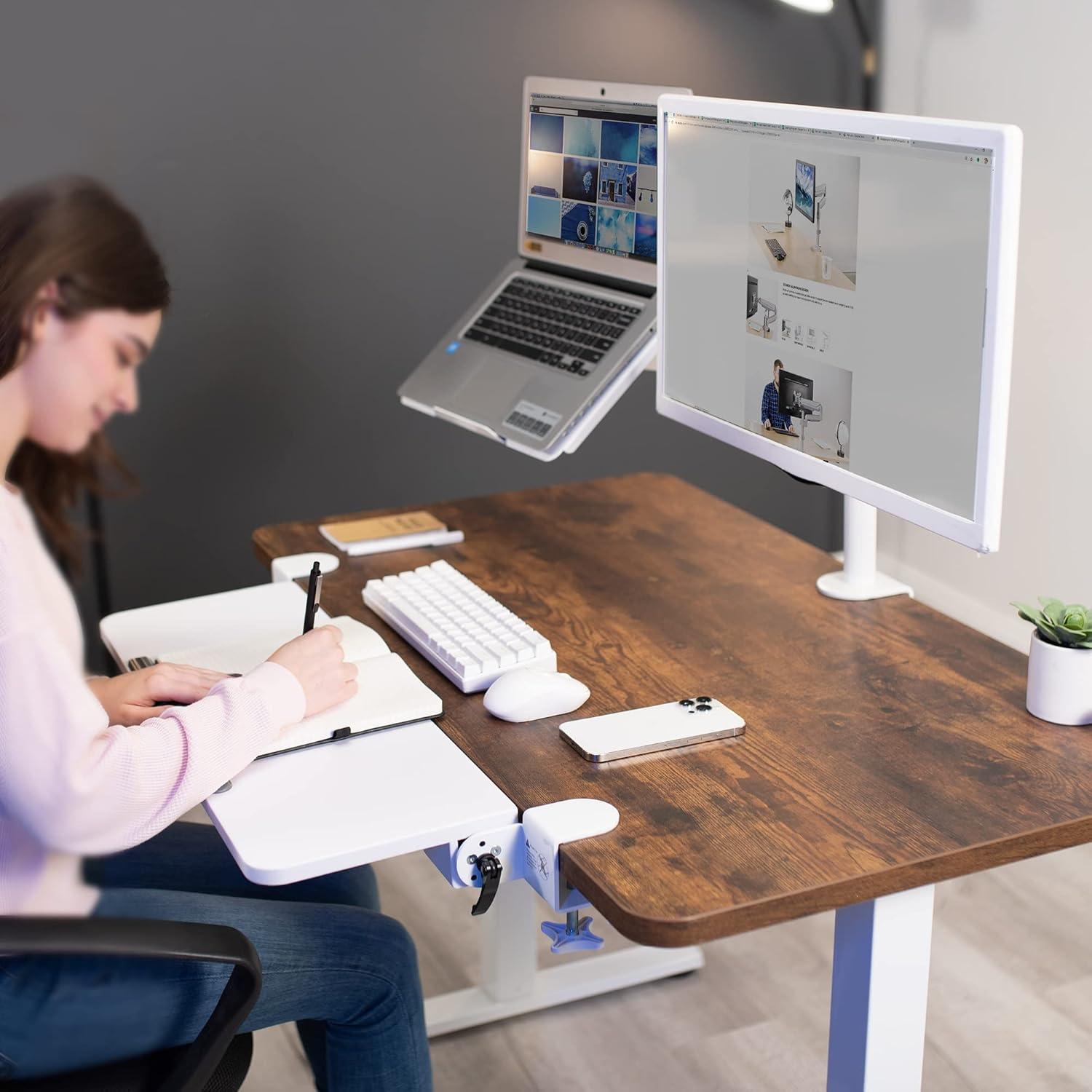 VIVO Clamp On Tilting Keyboard Tray, 26 (31 Including Clamps) x 9 inch Extension Platform for Typing and Mouse Work, Elbow and Arm Support Rest, White, MOUNT-KB06HW
