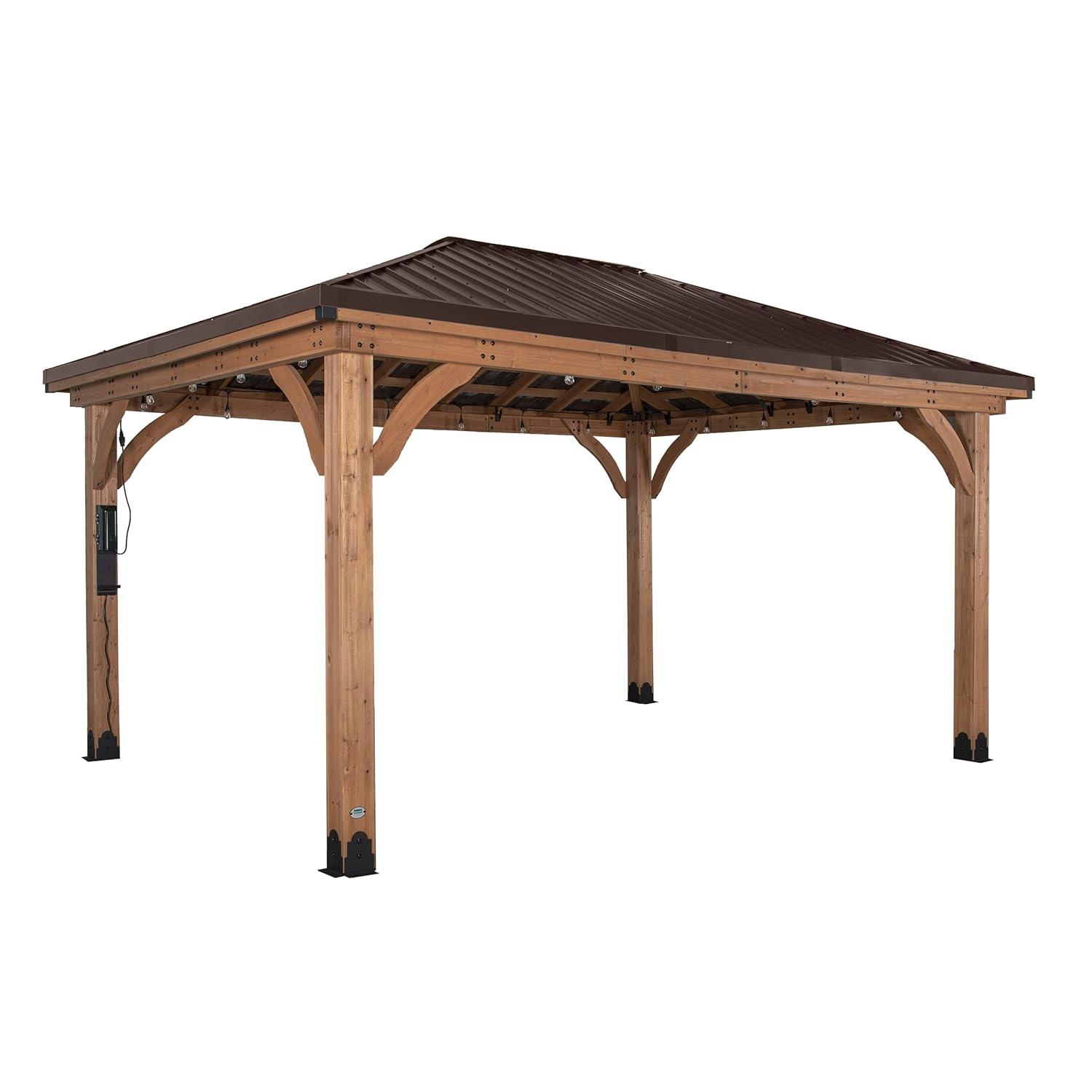 Backyard Discovery Backyard Discovery Barrington 16' x 12' Cedar Wood Outdoor Patio Gazebo with Hardtop Galvanized Steel Hip Roof and PowerPort
