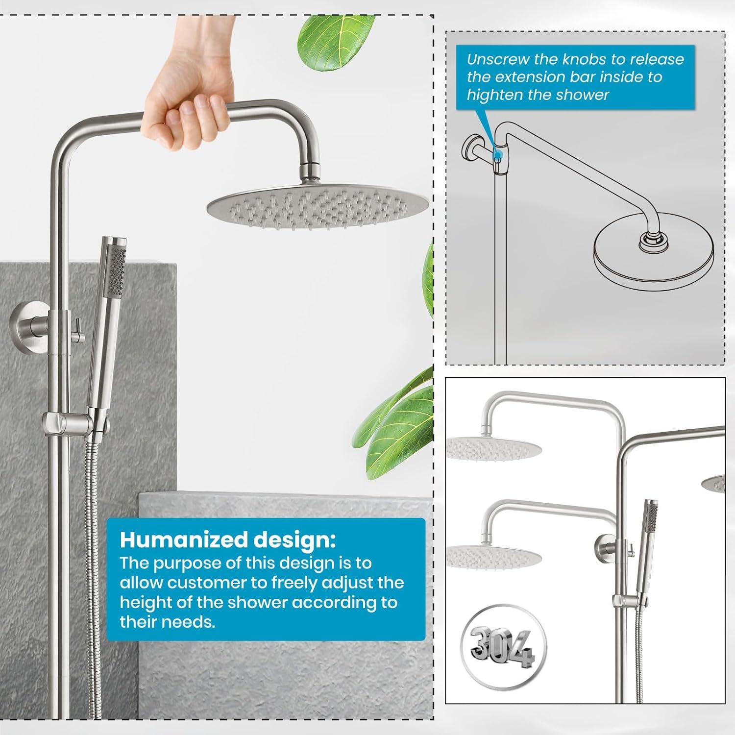 gotonovo SUS304 Outdoor Shower Fixture High Pressure Shower System Combo Wall Mount 2 Dual Function Shower Faucet Set Round Handheld Spray Brushed Nickel Single Handle