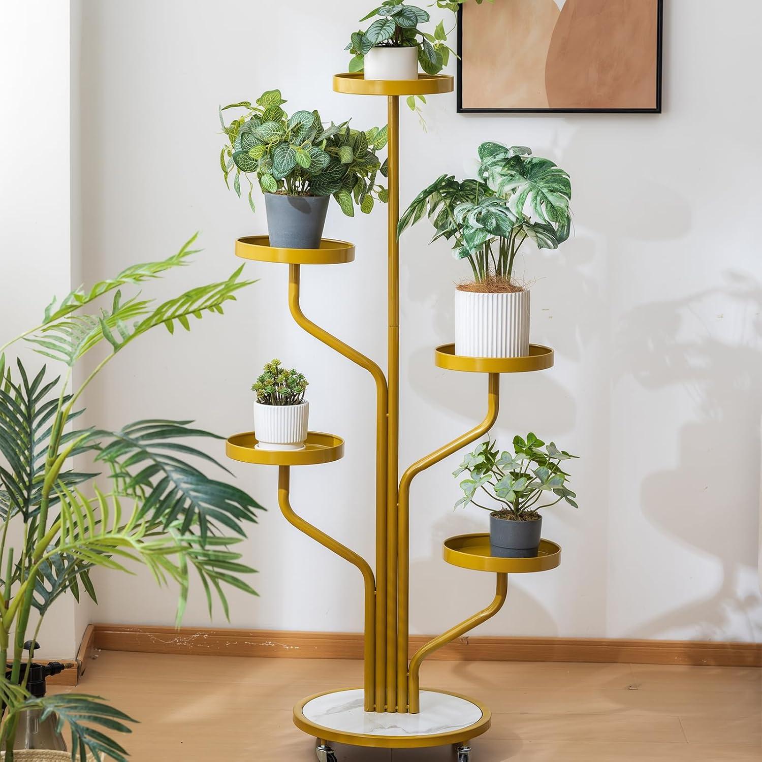 5 Tier Indoor Plant Stand Wrought Iron Plant Stand, Tall Metal Plant Stand With Wheels