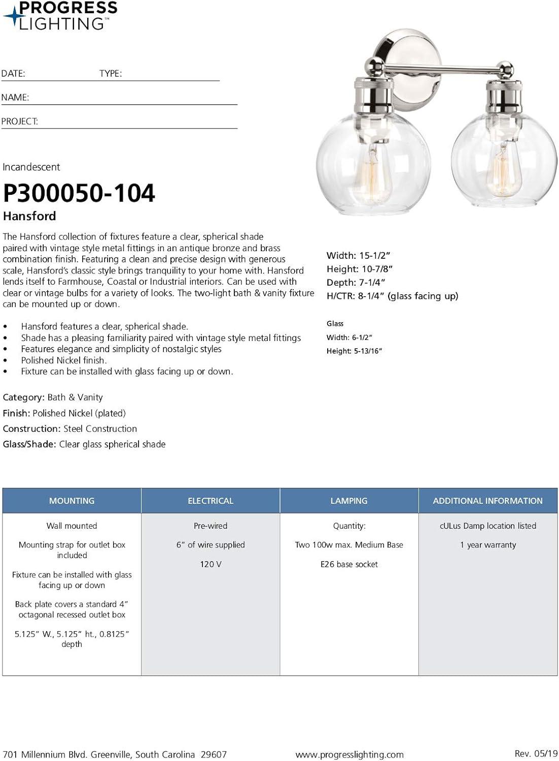 Progress Lighting Hansford 2-Light Bath Vanity Fixture, Polished Nickel, Clear Glass Shade