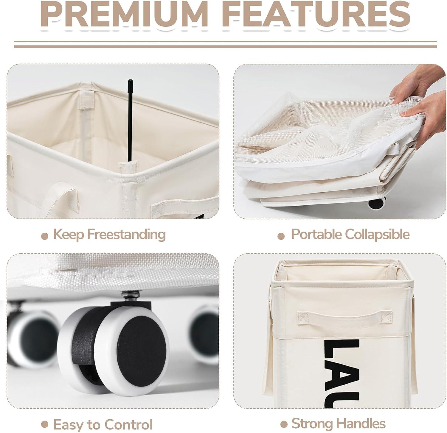 CHICVITA 2-Pack Laundry Baskets with Wheels and Handle,75L Collapsible Clothes Basket with Removable Wash Bags for Dorms and Corners, White Rolling Laundry Hamper