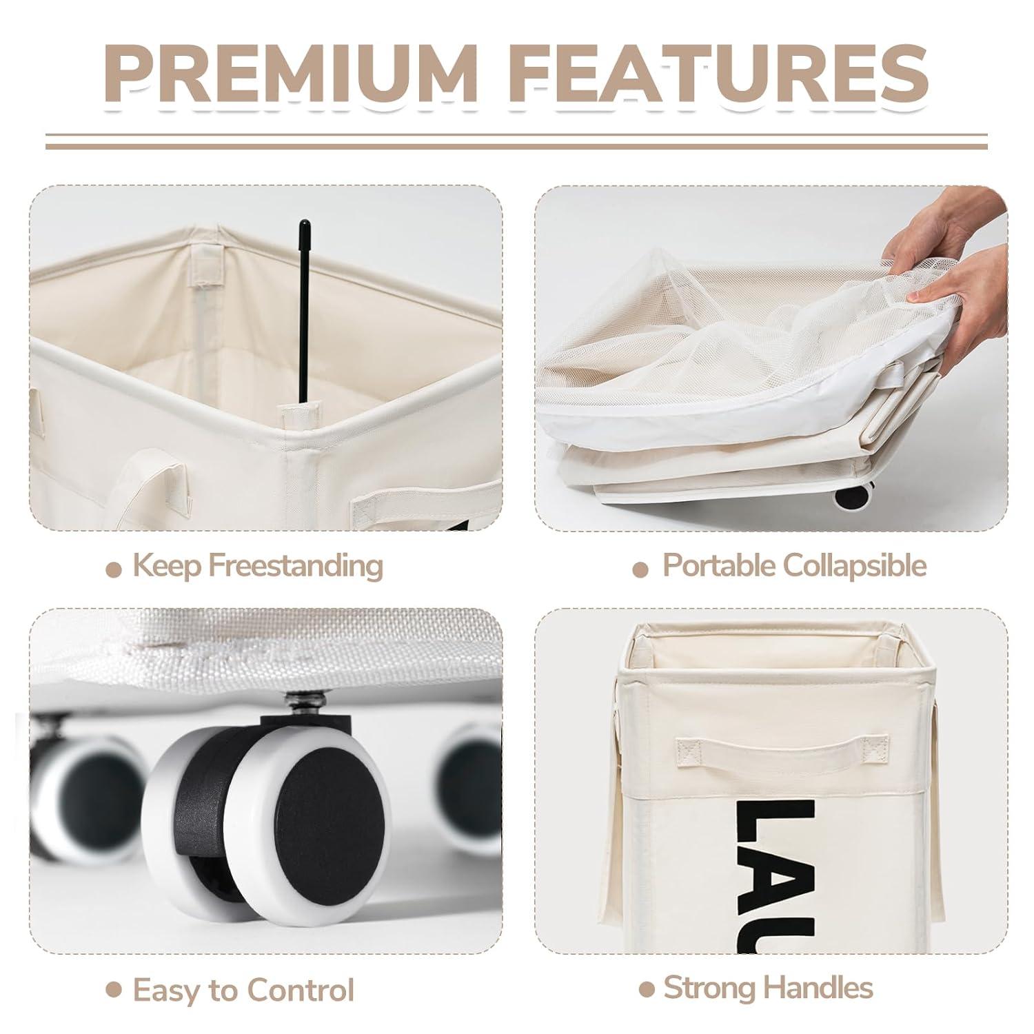 CHICVITA 2-Pack Laundry Baskets with Wheels and Handle,75L Collapsible Clothes Basket with Removable Wash Bags for Dorms and Corners, White Rolling Laundry Hamper