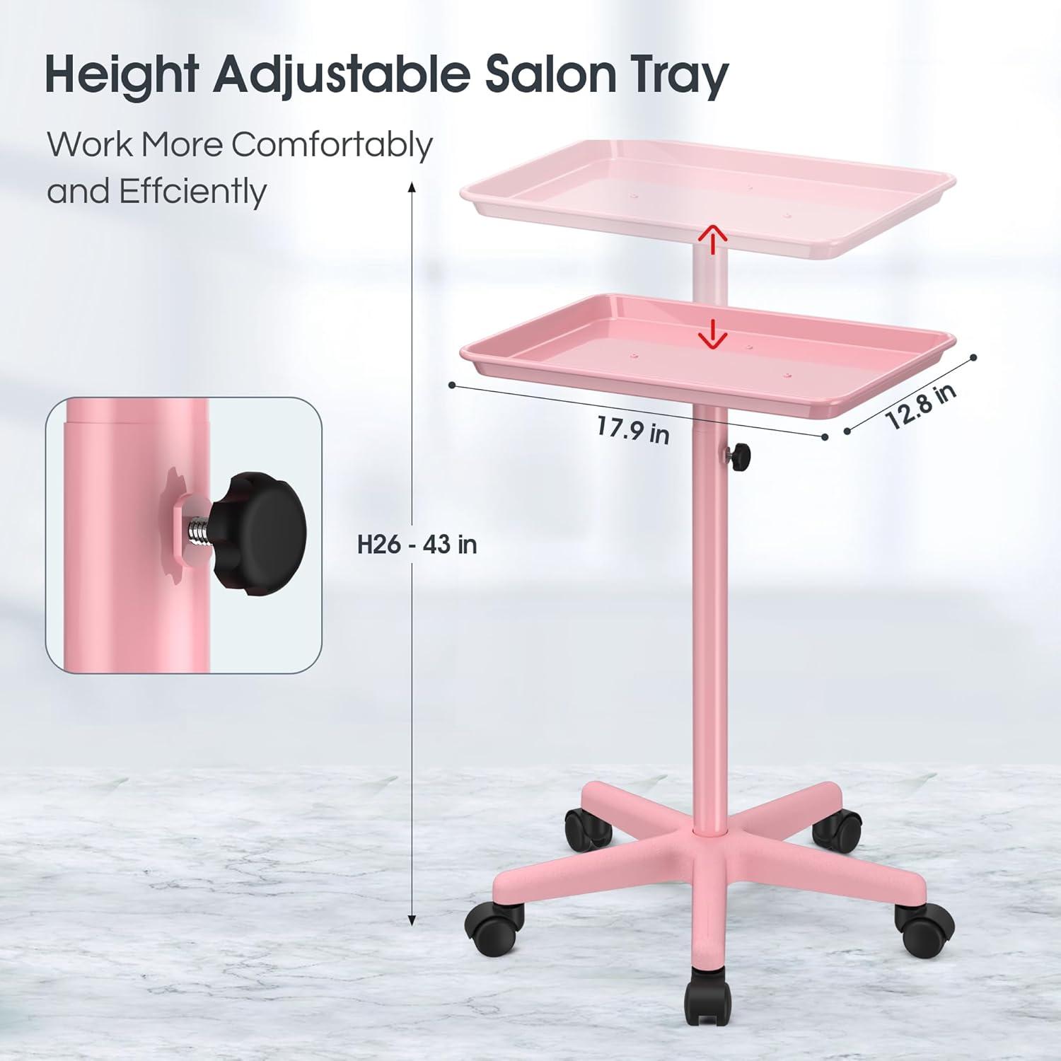 Salon Tray,Height Adjustable Salon Service Rolling Cart,Hair Color Tray with Wheels,Pink