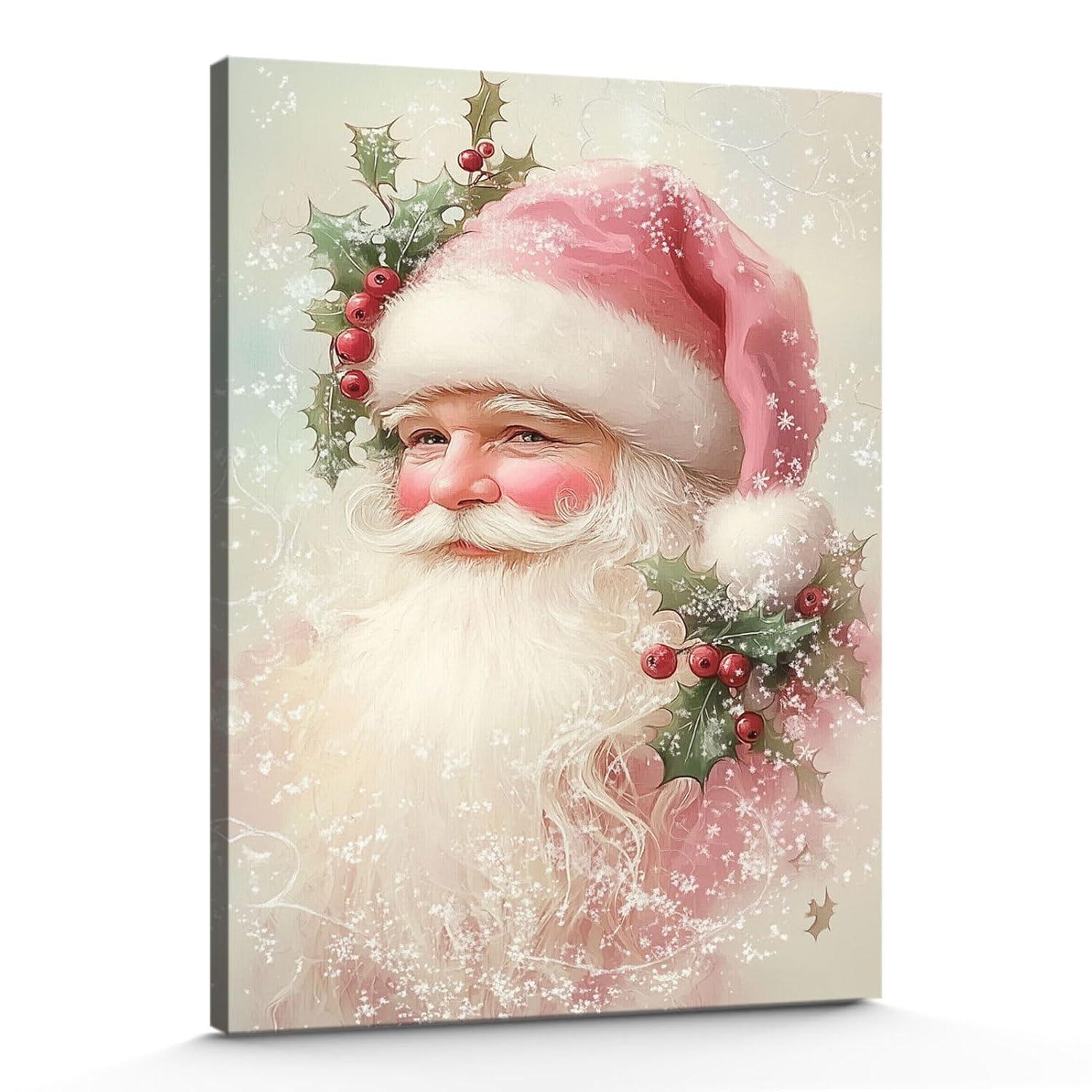 Reccmeny Vintage Christmas Canvas Wall Art, Santa Claus Pictures for Wall Decor, Xmas Poster Santa white Wooden Texture Picture, Holiday Wall Decorations Gifts