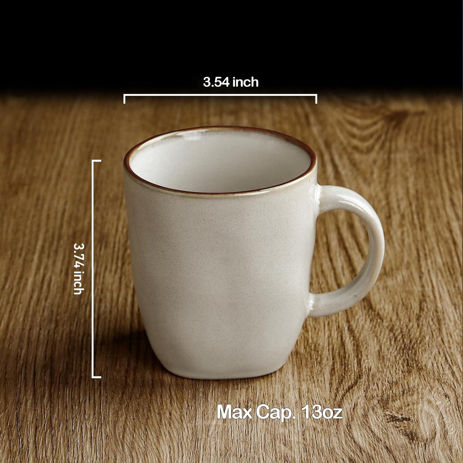 FAST APPLIANCES LLC Coffee Mugs Set Of 4, Ocean Square 13Oz Coffee Cup Set With Handle For Cocoa, Milk, Hot Chocolate, Tea, Water, Stoneware Cups For Kitchen, Microwave And Dishwasher Safe, Vanilla White