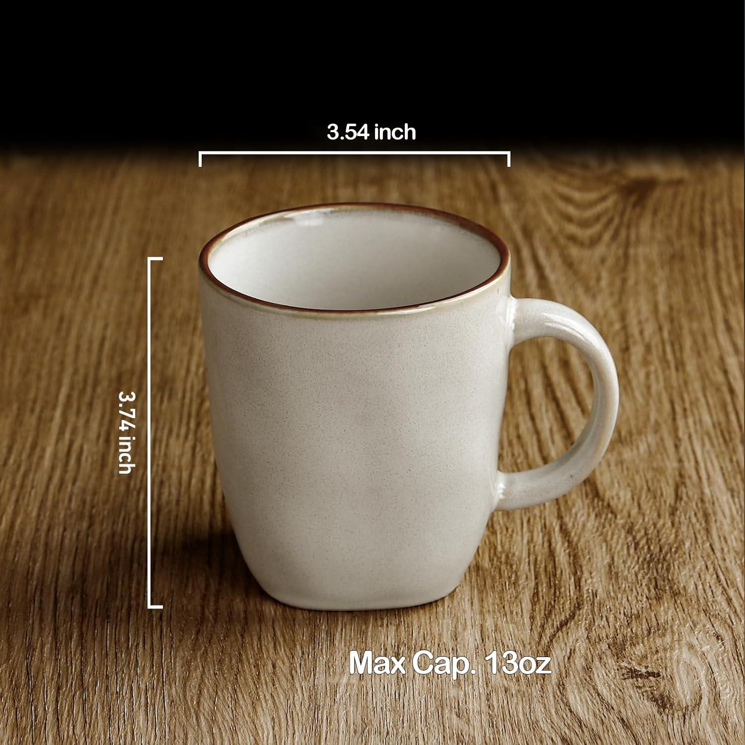 FAST APPLIANCES LLC Coffee Mugs Set Of 4, Ocean Square 13Oz Coffee Cup Set With Handle For Cocoa, Milk, Hot Chocolate, Tea, Water, Stoneware Cups For Kitchen, Microwave And Dishwasher Safe, Vanilla White