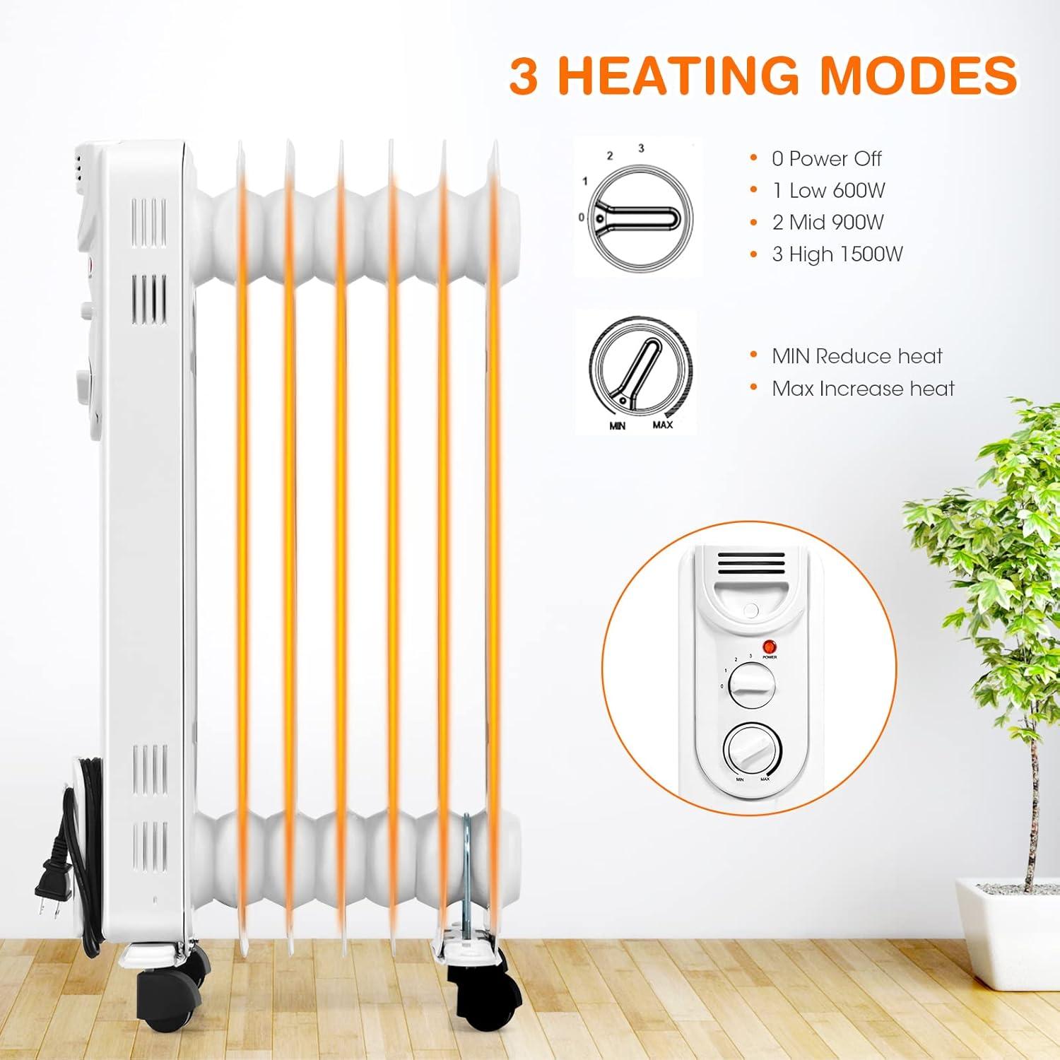 Nestora Oil Filled Radiator Heater, 1500W Portable Space Heater with Adjustable Thermostat, Tip-over & Overheated Protection, 3 Heat Settings with Quiet Operation, Electric Heater for Home and Office