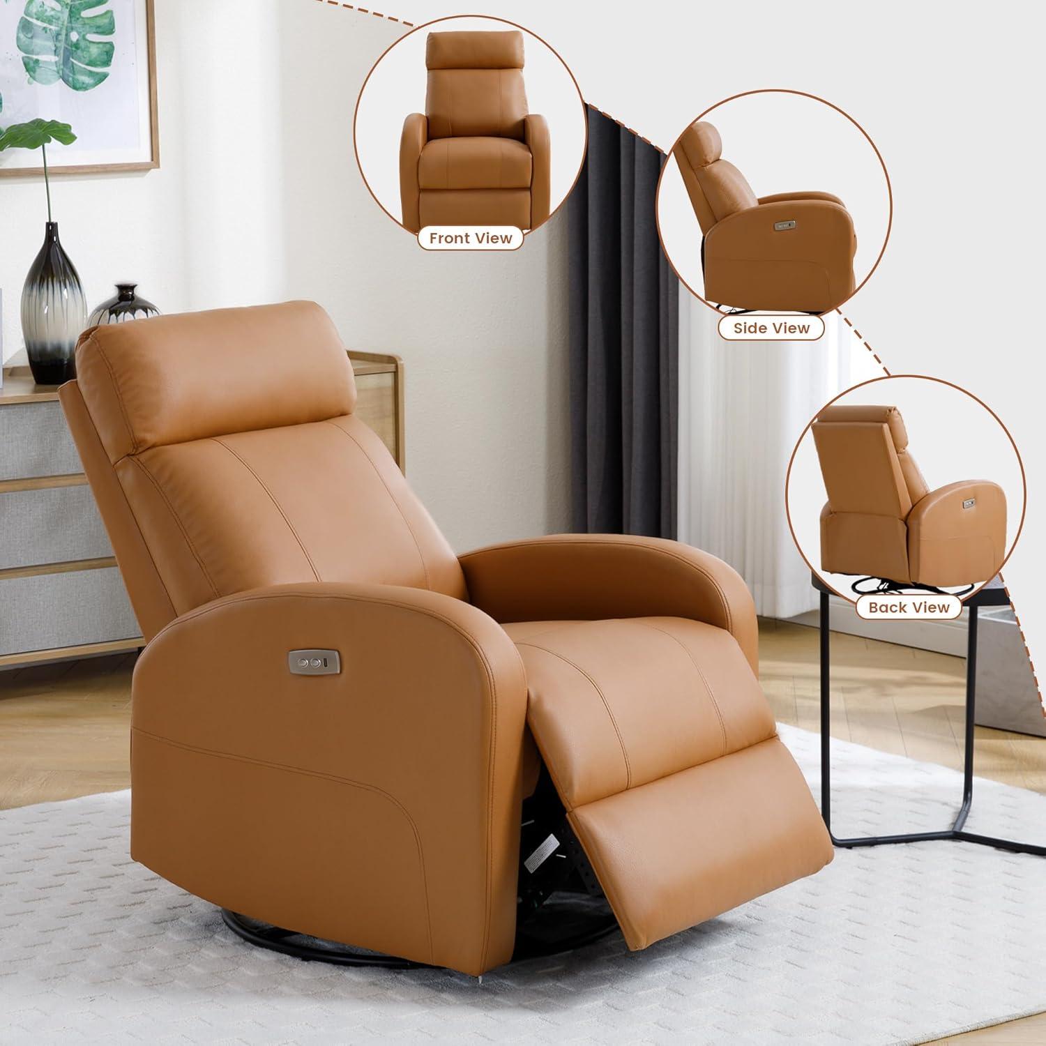 Swivel Rocker Recliner Chair, Manual Leather Recliner, Glider Rocking Recliner Chair 360°Swivel Nursery Reclining Chair with Adjustable Headrest/Highback for Living Room, Brown