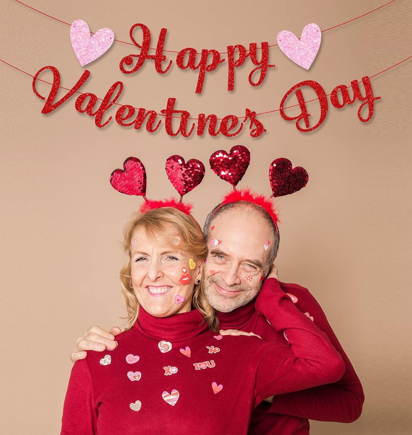 Glittery Heart Valentine's Day Banner, Red & Pink Sparkling Hollow Heart Shape DIY Paper Banner for Wedding Decoration