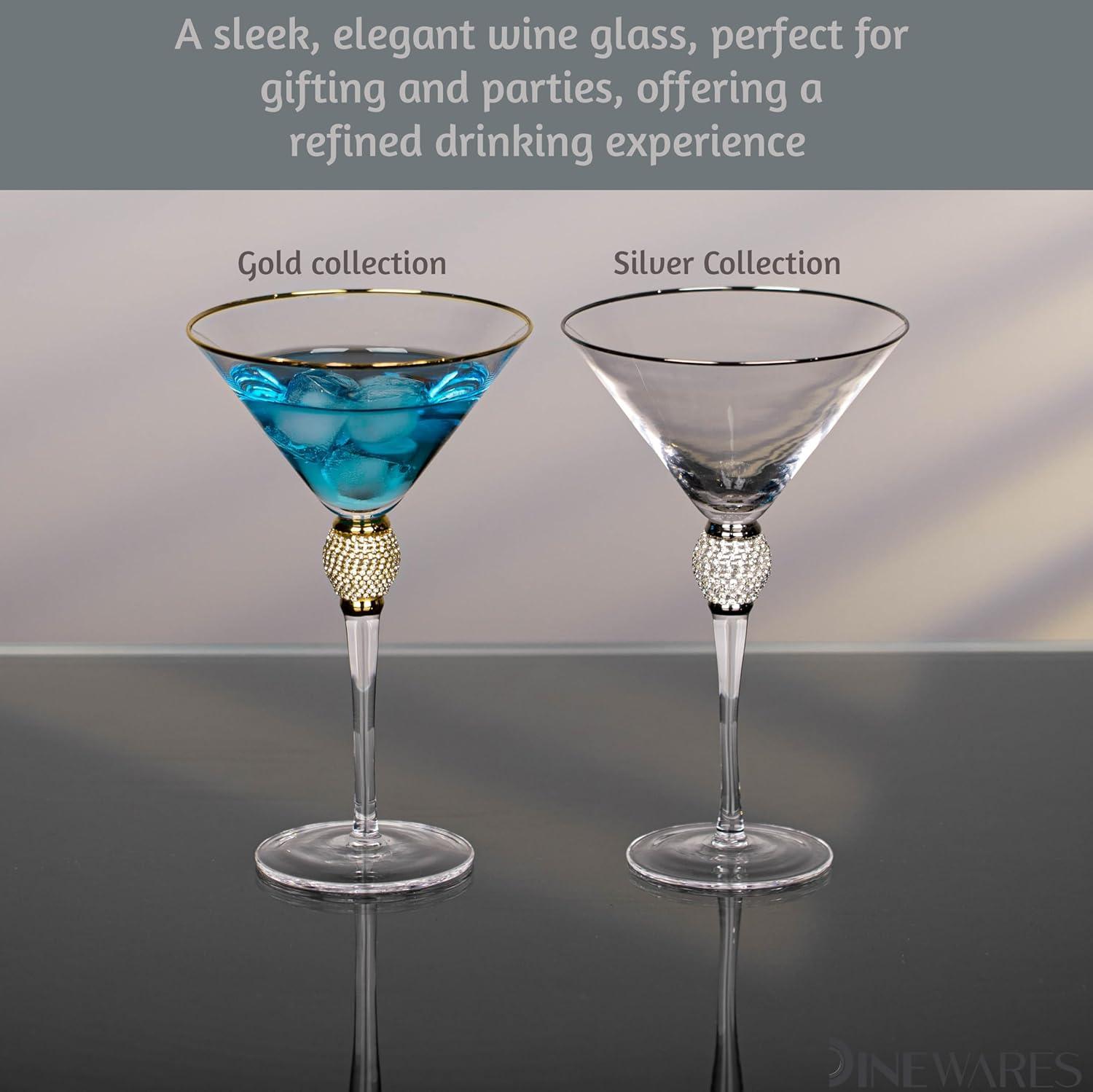 Dinewares Clear Stem Crystal Martini Glasses with Rim and Diamond-like Rhinestones, Elegant 10oz Glassware Set for Cosmopolitan Vodka, Gold Set of 4