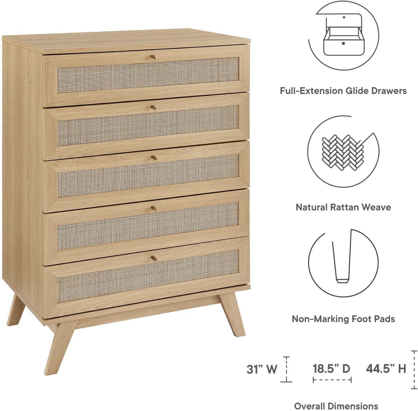 Soma Oak 5-Drawer Chest with Rattan Weave and Splayed Legs