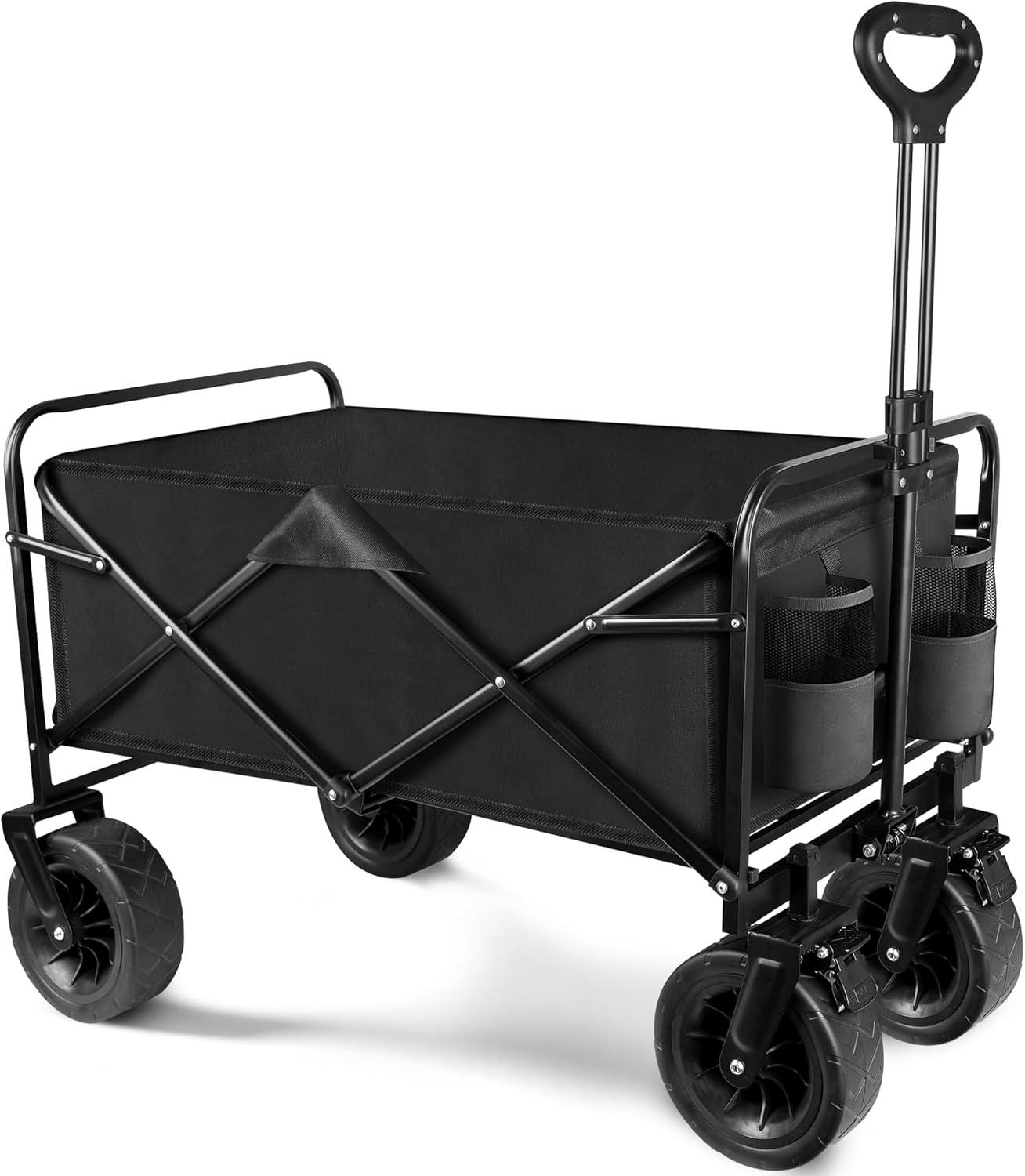 GHF Collapsible Wagon Cart, Portable Heavy Duty Large Capacity Outdoor Garden Wagon with Big All- Wheels and Drink Holders, Beach Wagon Stroller for Garden Camping Fishing Sports Shopping