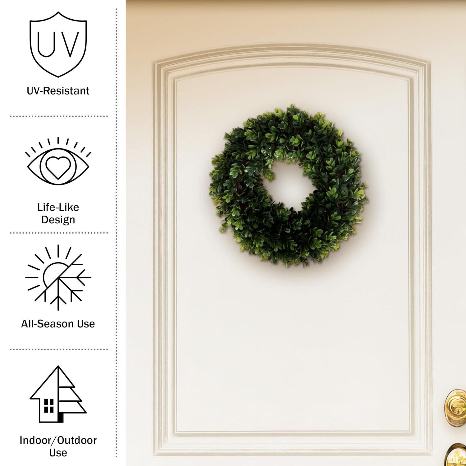 Artificial Boxwood Wreath - 12 Inch UV-Resistant Plastic Front Door Wreath and Window Decor for Spring and Summer by Pure Garden (Green)